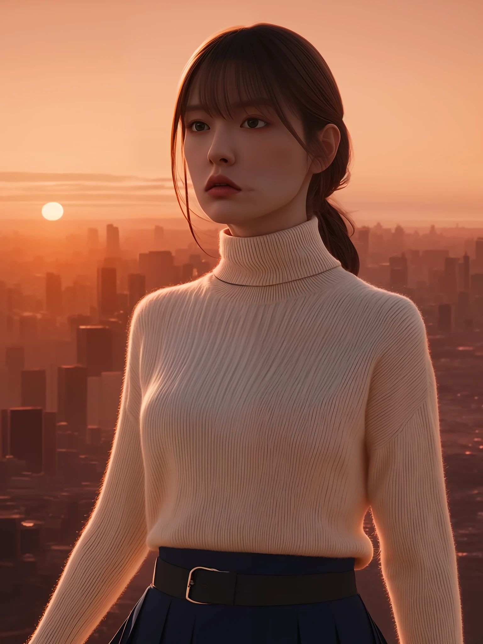 woman,solo,happy, closed mouth ,

looking at viewer,sunset,skyline,turtleneck,skirt,unparalleled masterpiece, ultra realistic 8k CG, clean, beautiful face,