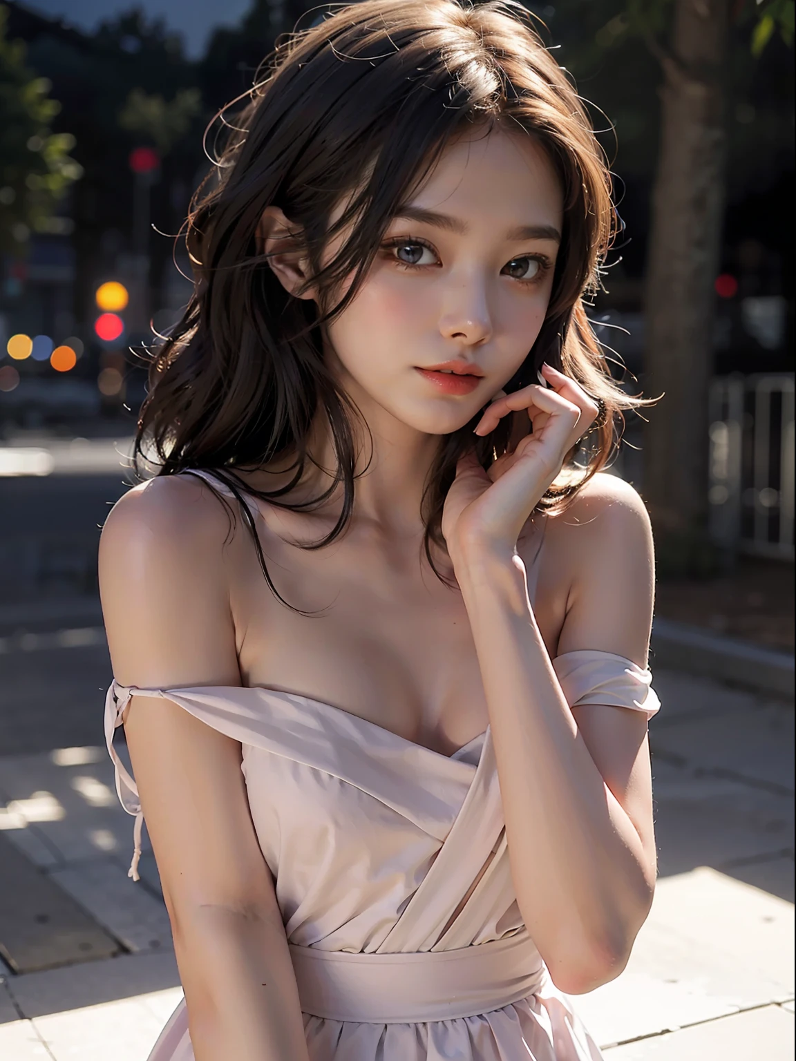 1girll, bshoulders, ssmile, adolable, waist-up, deep shading, in the darkness nigth, Low profile
Best quality,tmasterpiece,(Hphotorealistic:1.4),Upper body completely naked,in pink