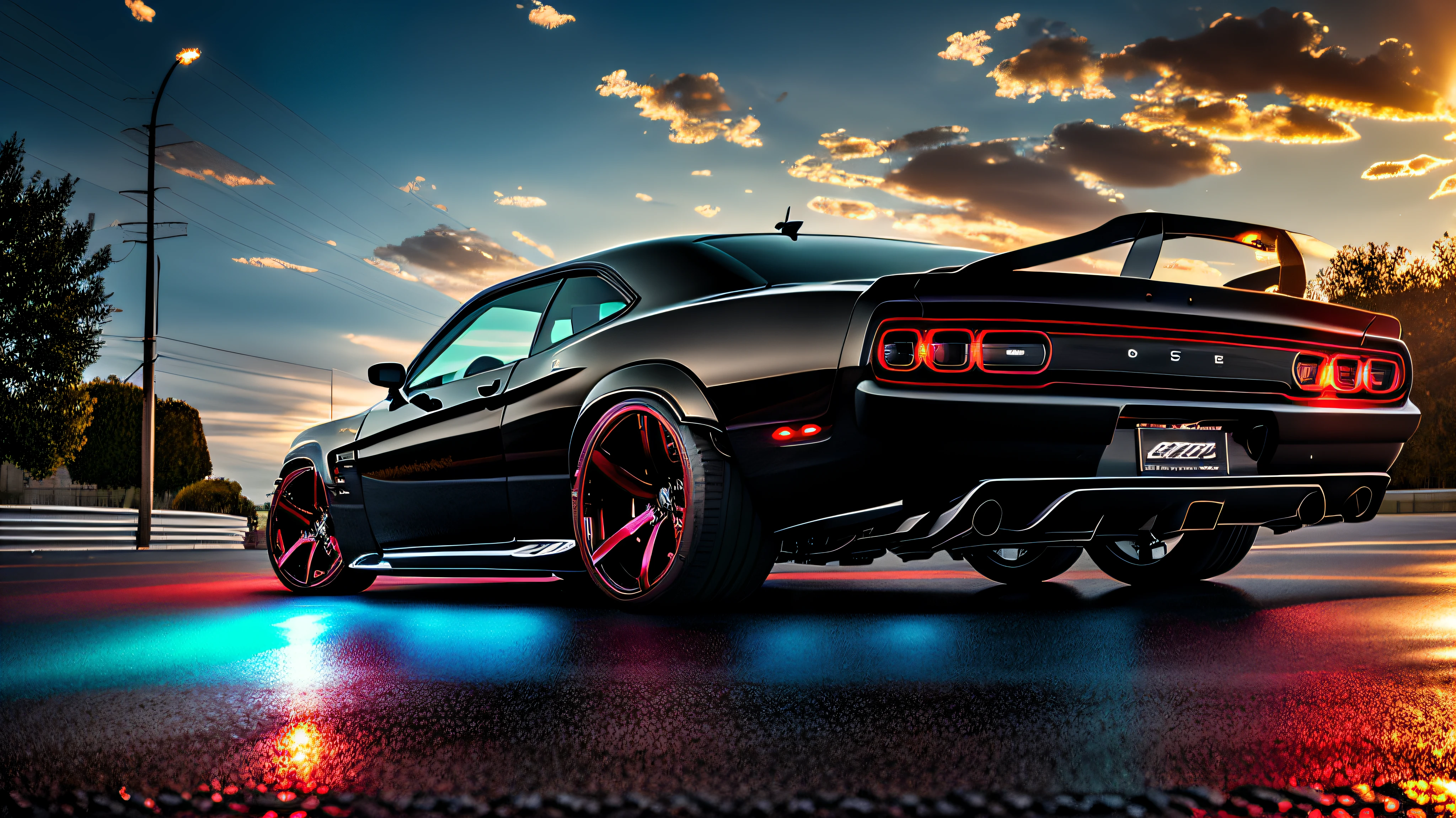 Carro verde dodge challenger estacionado em garagem com aro vermelho, esquiva de cor suave, Muscle Cars, fotografia automotiva, vehicle photography, Corpo largo, KodakChrome : : 8 mil, Car photography, cinematic front shot, fotografia automotiva, fotografia comercial do carro, Foto de perfil frontal, tiro de carro, cinematic shot ar 9:16 -n 6 -g, Muscle, Luxury and technological car interior mixed antique car and tesla, modelo tri farol redondo --auto
