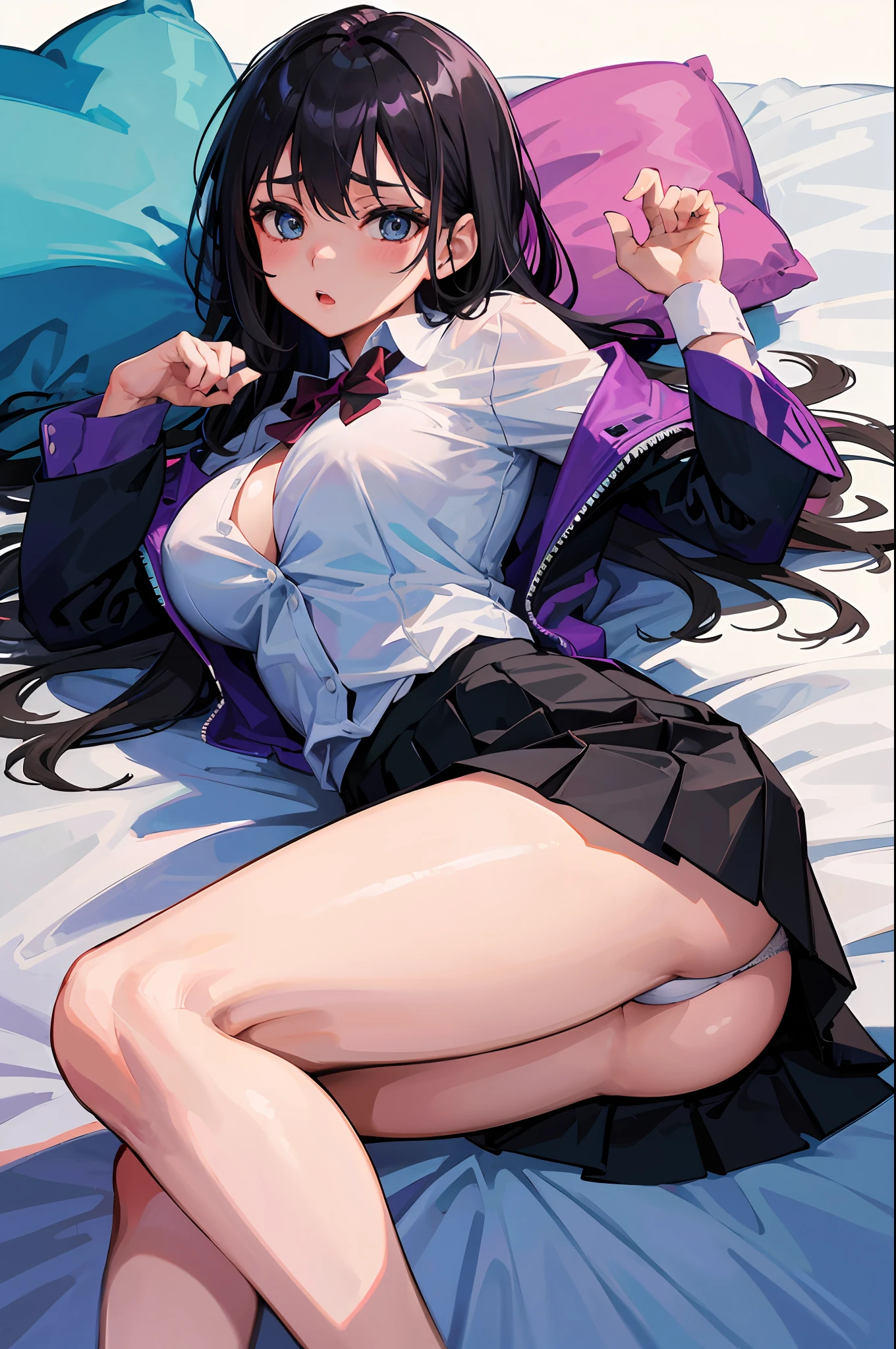 8K, Attractive, intensely detailed, 20 Year Old Girl, sexy and attractive woman with dark, black hair. She has beautiful sky-blue eyes with a heart inside. She is dressed in white, short and unbuttoned shirt. She is wearing a blue miniskirt. And the girl herself is lazily lying on her back on the bed, because of which her skirt is lifted up and from under the skirt we see sexy, black lace panties with bow. This high-quality, high-definition image will give you a shocking visual experience.