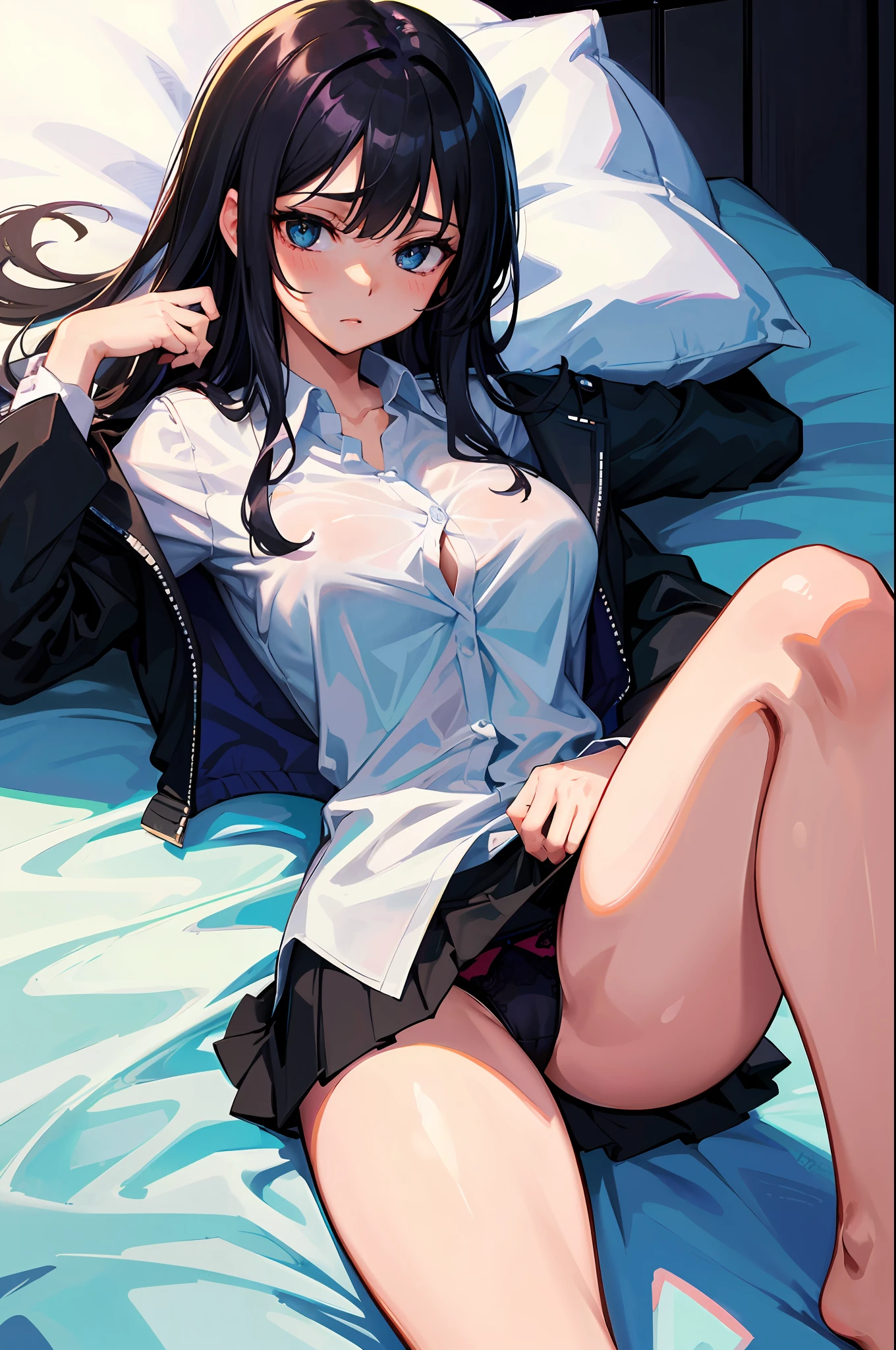 8K, Attractive, intensely detailed, 20 Year Old Girl, sexy and attractive woman with dark, black hair. She has beautiful sky-blue eyes with a heart inside. She is dressed in white, short and unbuttoned shirt. She is wearing a blue miniskirt. And the girl herself is lazily lying on her back on the bed, because of which her skirt is lifted up and from under the skirt we see sexy, black lace panties with bow. This high-quality, high-definition image will give you a shocking visual experience.