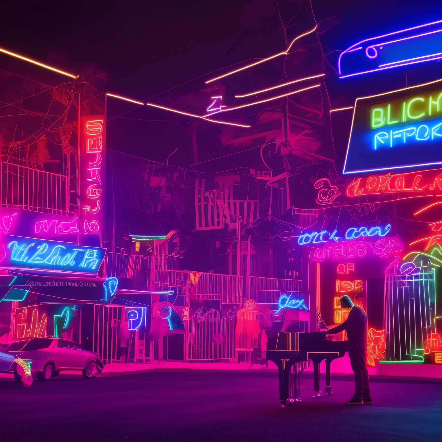 old school music cover black man playing piano neon light 8k illustration --auto