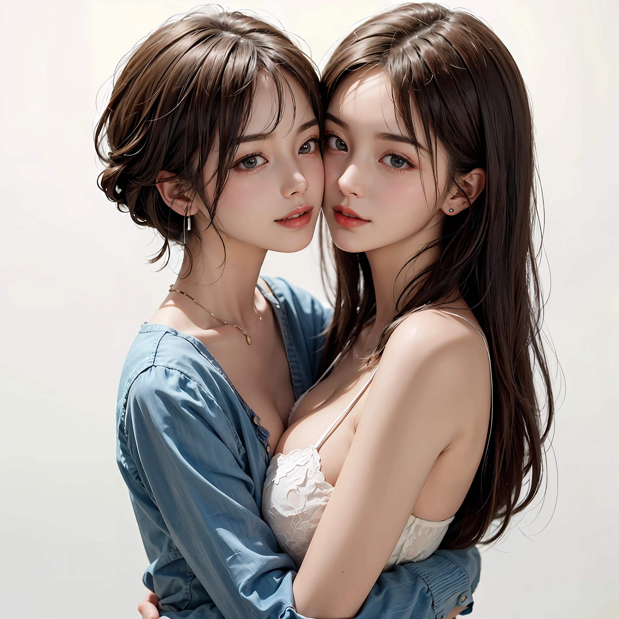 Two people facing each other face to face、Hug each other tightly、Two people hugging and kissing、lilie、lesbian、lesbian、Lesbian couple、lesbian、Two cute pretty girls、masterpiece、highest quality、realisticlying、realisitic、Seductive bright smile、short clean hair with bangs、Loose business shirt、enticing eyes、(cleavage of the breast)、(Pure white background with really nothing from floor to ceiling)、(28 year old)、extremely detaile、tall、neck long、Straighten your back、Put your ears out、Highlights in the eyes、lipgloss、glowy skin、White-colored skin、Clean collarbone、closes mouth、Happily、Nice proportions、lovely、Adorable、Two people kissing