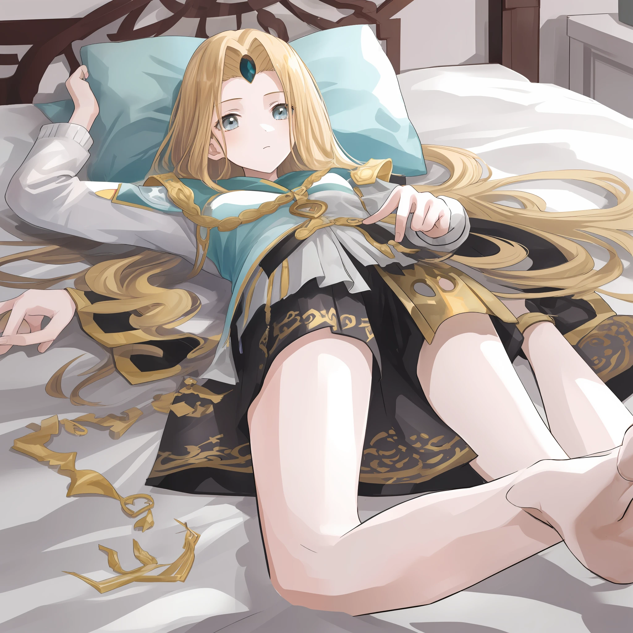 teens girl，lying on back on bed，Later on the forehead，One hand open，The legs form an inner figure of eight，goddes，Need