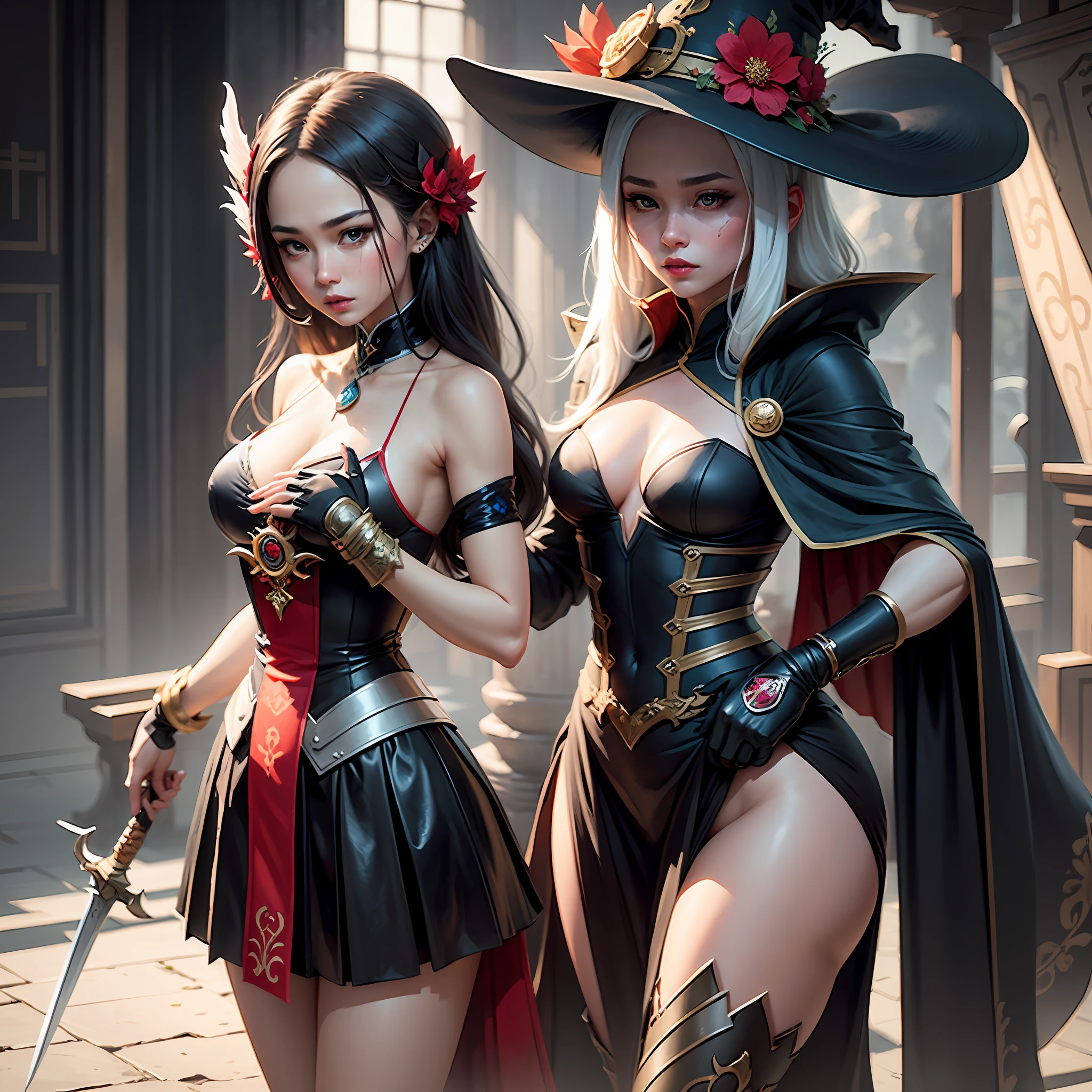 One in costume,Woman with sword and hat, Onmyoji detailed art, onmyoji, tmasterpiece《Goddess of sorrow》, onmyoji portrait, gapmoe yandere grimdark, Extremely detailed Artgerm, castlevania witch, Anime goddess, Keqing from Genshin Impact, flirty anime witch casting magic, Biomechanical OPPAI, goddess of death --auto