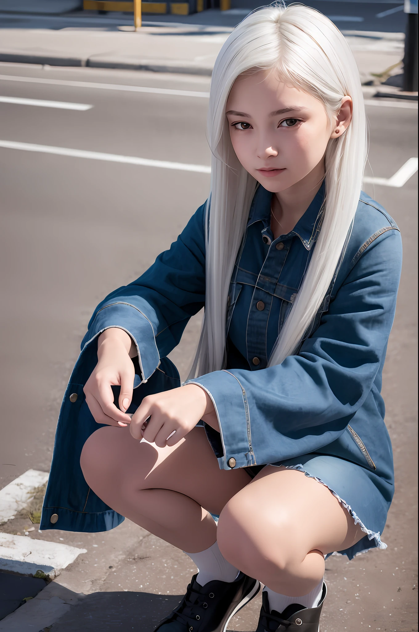 A young girl with white hair without clothes squatted on the street wearing white silk