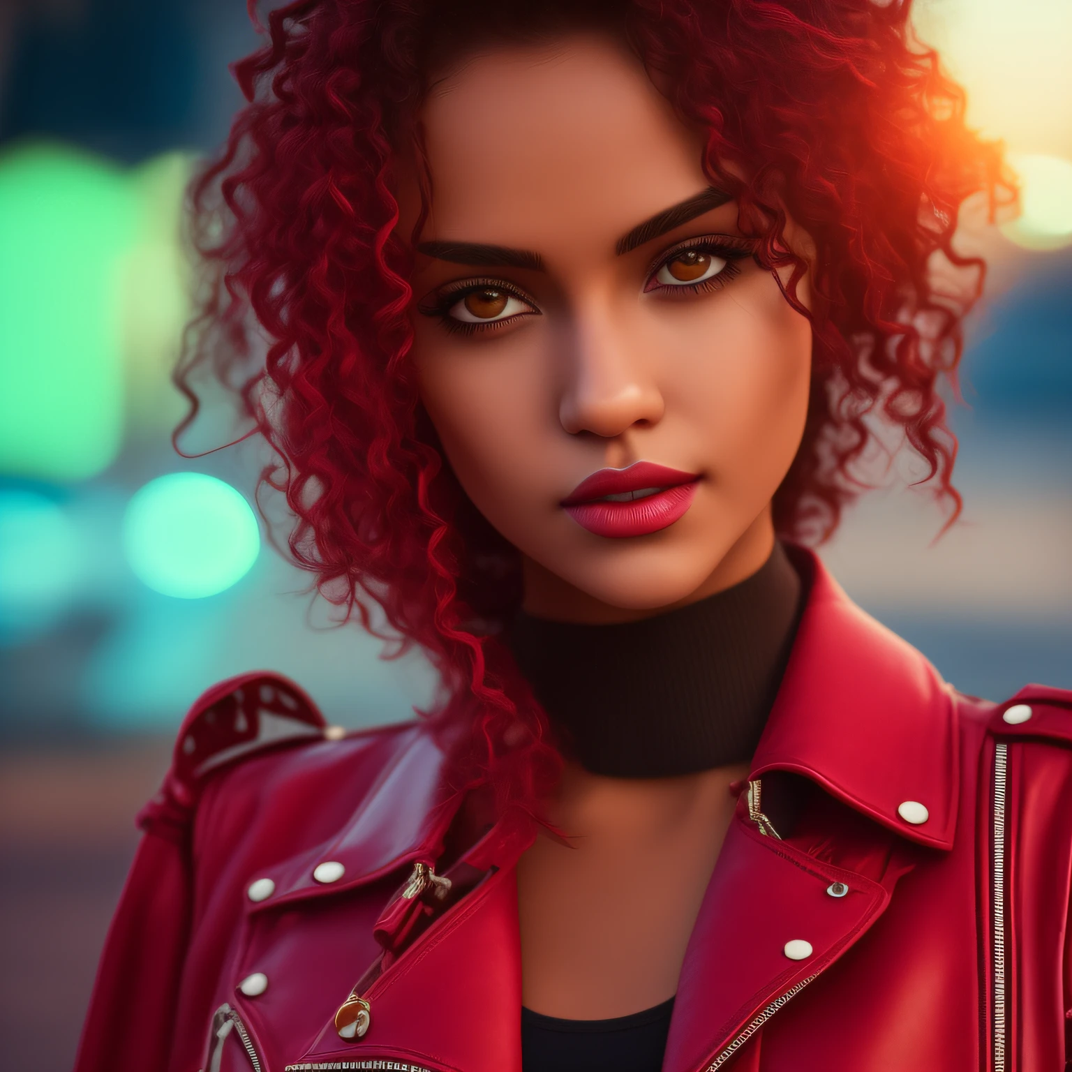 masterpiece, best quality, high quality, realistic, detailed lips, detailed face, detailed eyes, 1girl, leather jacket, red t-shirt, jeans, neon lights, cyberpunk, cyberpunk, riding motorcycle, punk curly hair, red hair, short hair, hair blowing in wind, moving fast, city road, realistic, detailed face, detailed skin, detailed lips, masterpiece, high quality, --auto