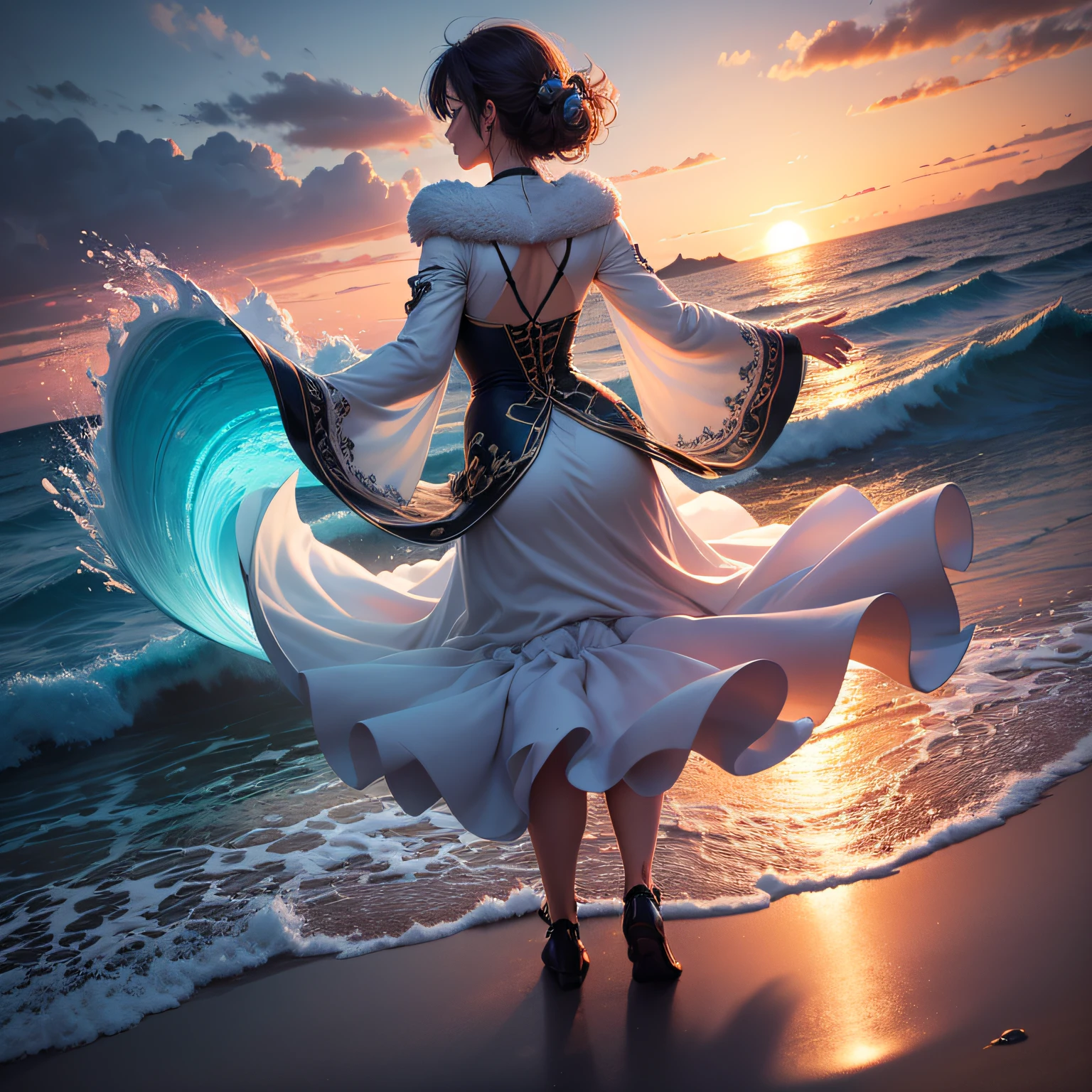 (extremely detailed CG unity 8k wallpaper, best quality, masterpiece), dynamic angle, an incredibly beautiful and serene oceanic landscape with a burst of colors, a magnificent sunset, dancing waves, clear skies, fluffy clouds, serene atmosphere, and shimmering waters. --auto