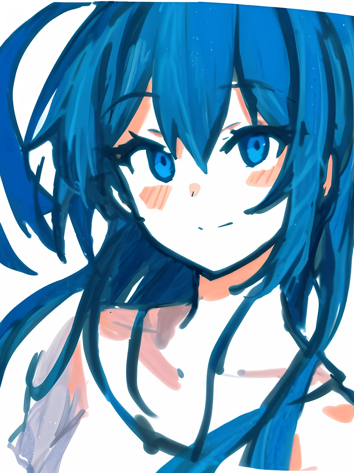 a close up of a drawing of a girl with blue hair, painttoolsai!! Blue, sketchy artstyle, flat anime style shading, colored sketch anime manga panel, speedpaint, Girl with blue hair, bluish face, painttool sai, Azure. detailed hairs, painted in anime painter studio, in an anime style, with blue hair,