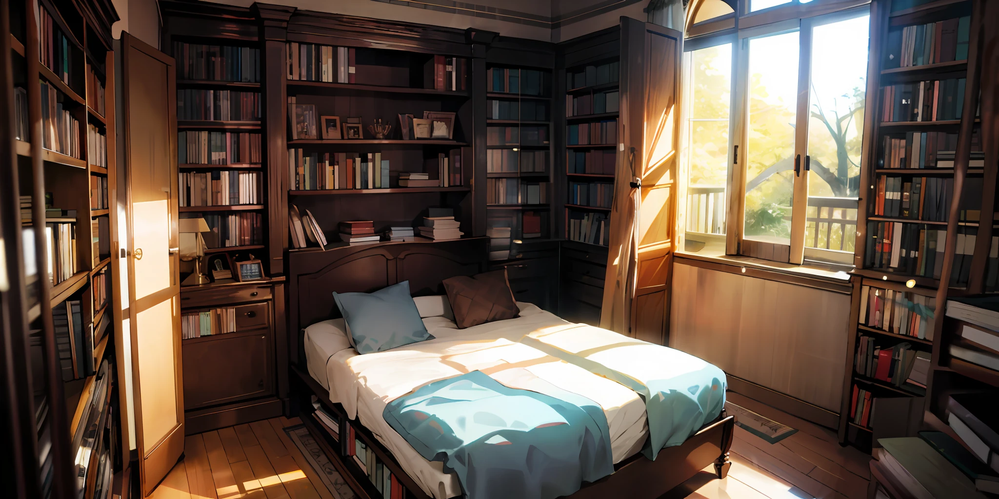 A bedroom with lots of bookshelves，And there is sunlight shining in