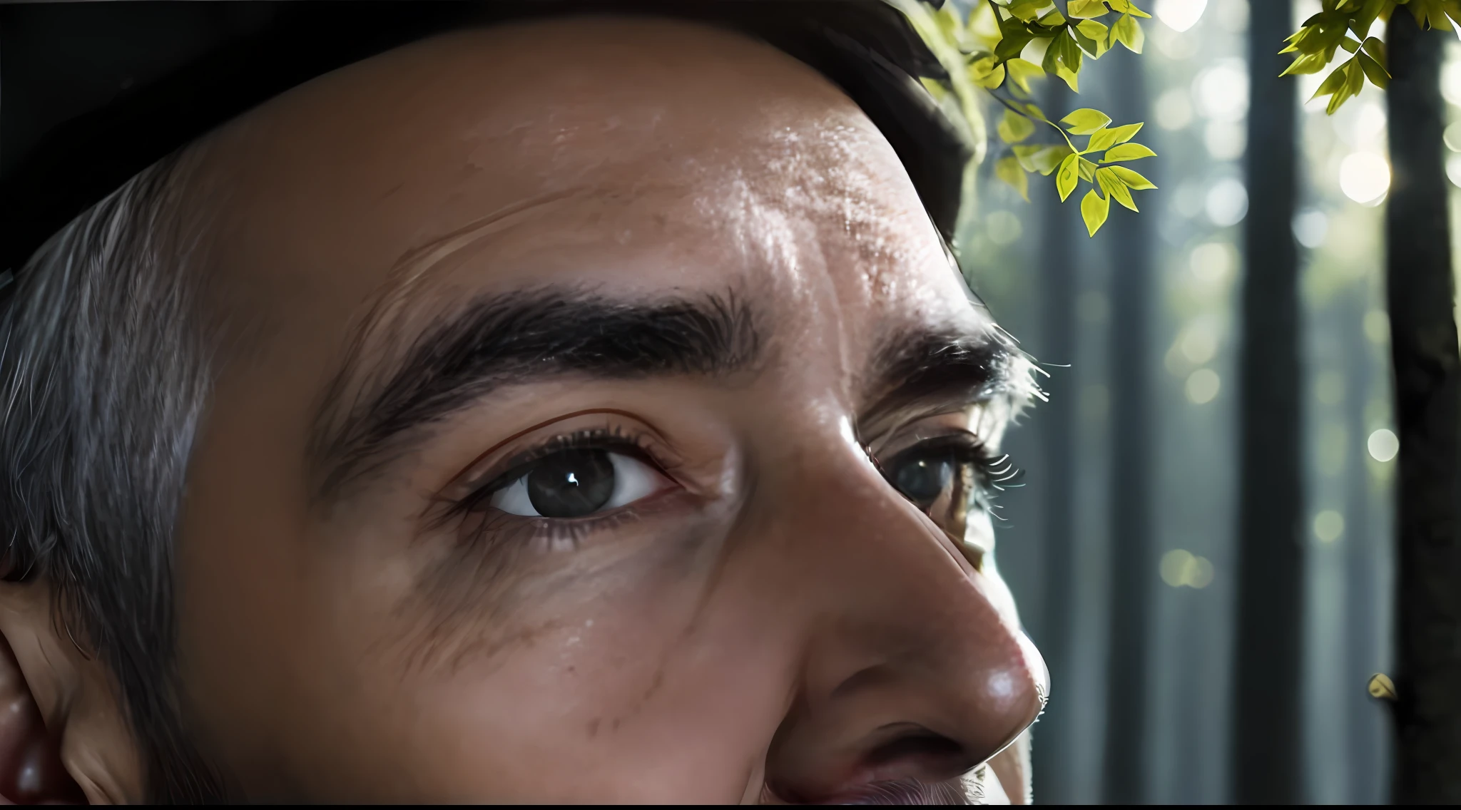 close-up shot of an elderly man's eyes, very handsome in the woods, soft volumetric lights (backlight: 1.3), (Cinematics: 1.2), intricate detail (art season: 1.3), Rutkowski