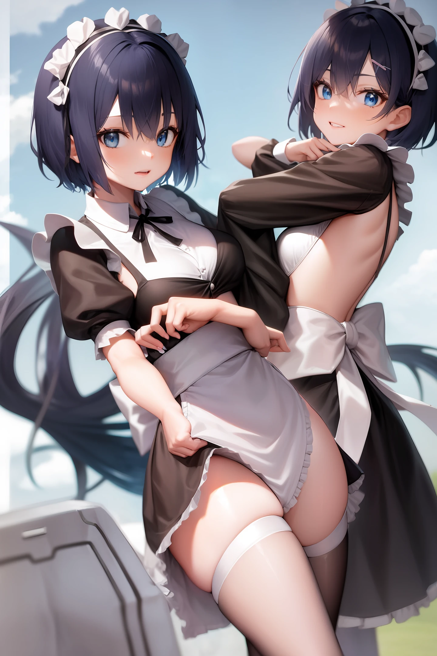 Blue short hair anime maid outfit