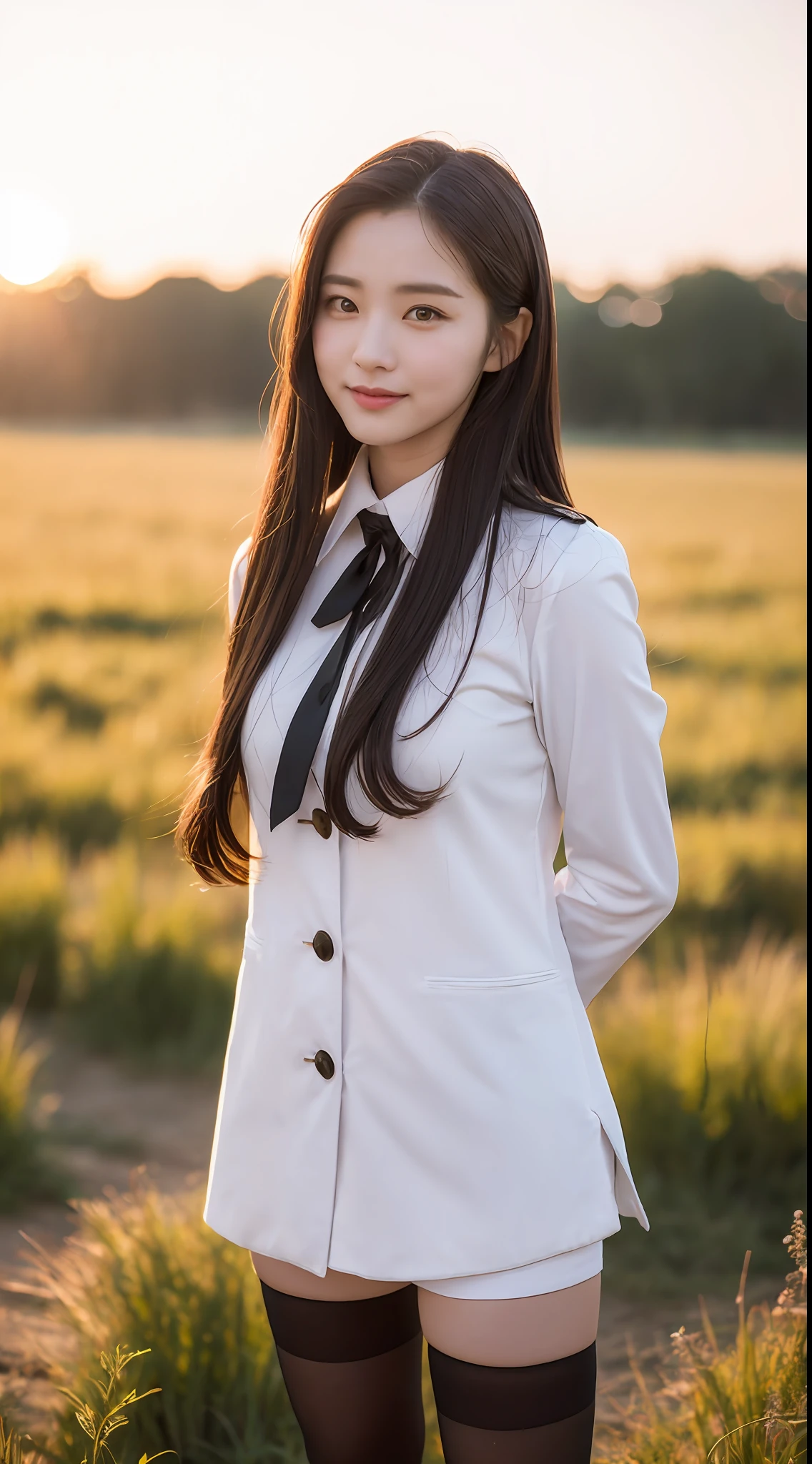 (1 Korean star with royal sister style), ((Best Quality, 8K, 巨作: 1.3)), Focus: 1.2, Perfect body beauty: 1.4, (smile), (Sunset: 1.3), Watery eyes, Highly detailed face and skin texture, Fine eyes, Double eyelids, Whitens the skin, (Long hair, Air bangs: 1.3), (face round: 1.5), (uniform: 1.4), (Stand on the steppe in the setting sun: 1.6),(Black stockings: 1.4),(film grain style:1.3),a sense of atmosphere