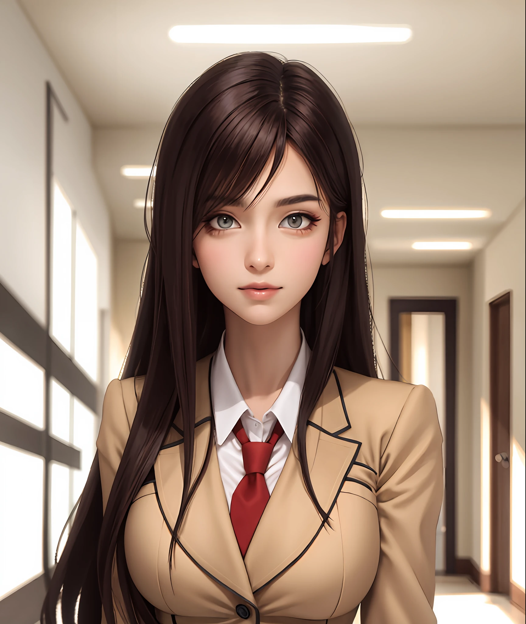 Royal sister,brunette color hair,JK school uniform, beautiful,Charming,hallways,tmasterpiece,best qualtiy,high qulity,k hd,High-quality textures,High-quality shadows,hoog detail,realisticlying,cinematric light,Sideslit,lens flare glow,Ray traching,Sharp focus,