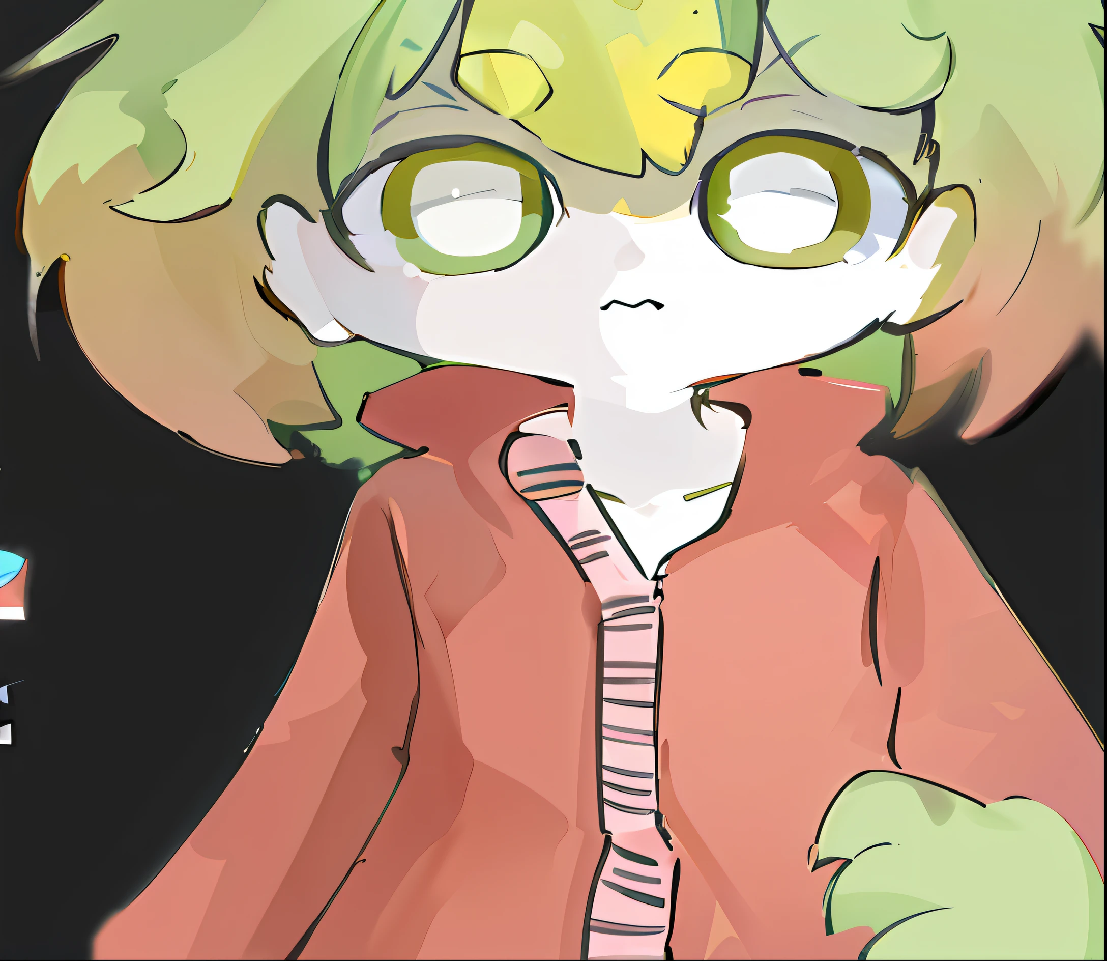 There is a painting,The painting shows a girl in a pink jacket and green hair, ((Red)) baggy eyes, Dissonant , flat anime style shading, tatsumaki, Anime Stylization, fully colored, line art in colour, desaturated!!, colored accurately, painttool sai, colored sketch anime manga panel, inspired by Puru
