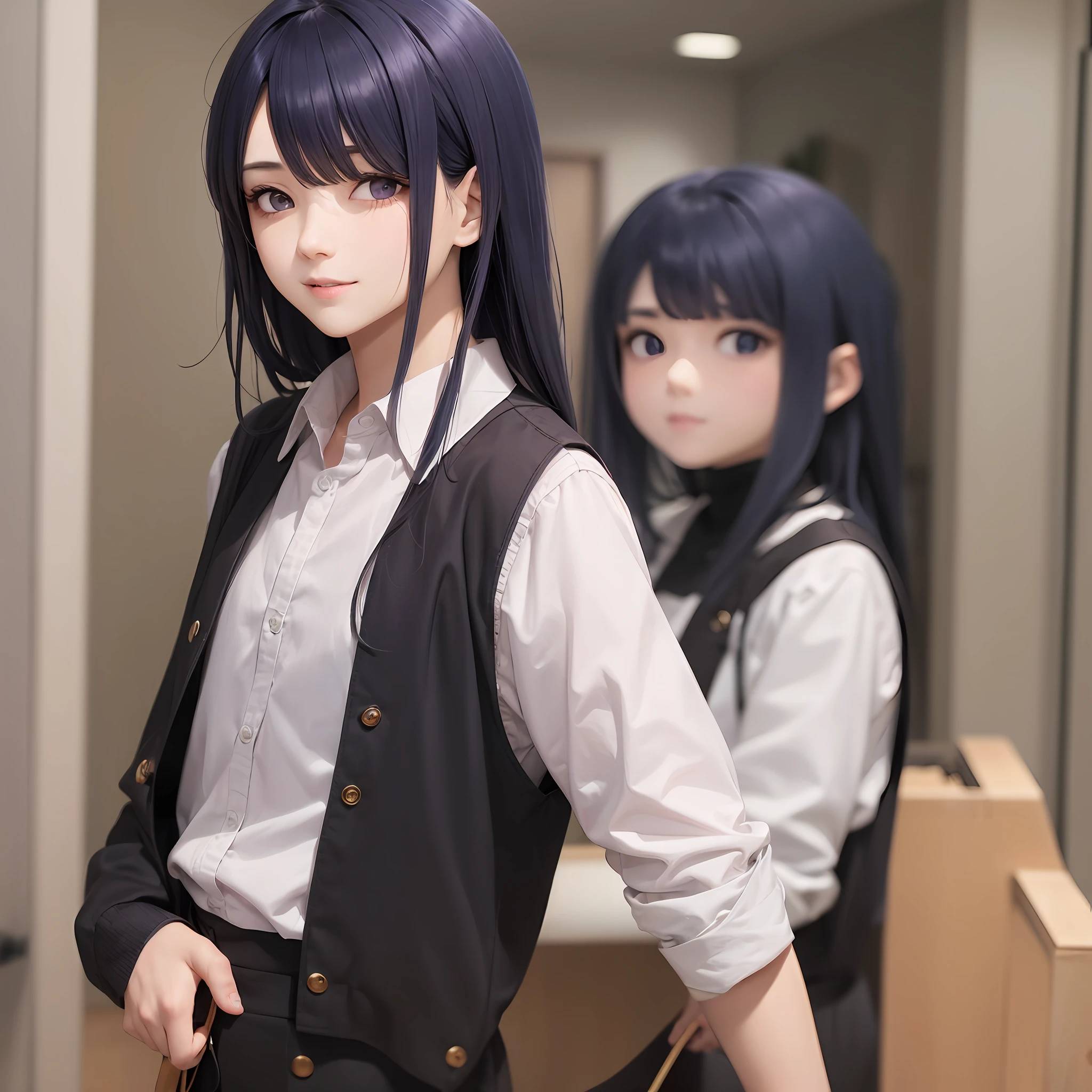 anime,rosto bonito,jovem garoto,Um garoto, MASCULINO,obra prima,olho esquerdo com ires rosa com a pupila avermelhada,olho direito com tapa olho que cobre todo o olho,hair in long dark blue coloration, Charismatic smile,luz central,corpo magro mas definido,usa um terno preto,with a purple button-down shirt,possui uma cartola roxacom detalhes em rosa, e possui uma caveira no meio dela na cor flamingo. --auto