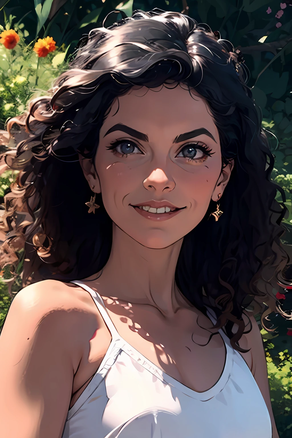 Yanet con cabello rizado, hippie en ambiente hygger, hellokid25D, flotando en el cielo, primer plano, brillante la mejor calidad, solo, 1girl, cinemac lighting, fondo detallado, hermosos ojos detallados, pupilas brillantes, (un extremadamente delicado y hermoso), (Description of Eyes beautiful and detailed), ultra detallado, obra maestra,)), Dark Sushi 2.5 + Lora YanetV2 0.8