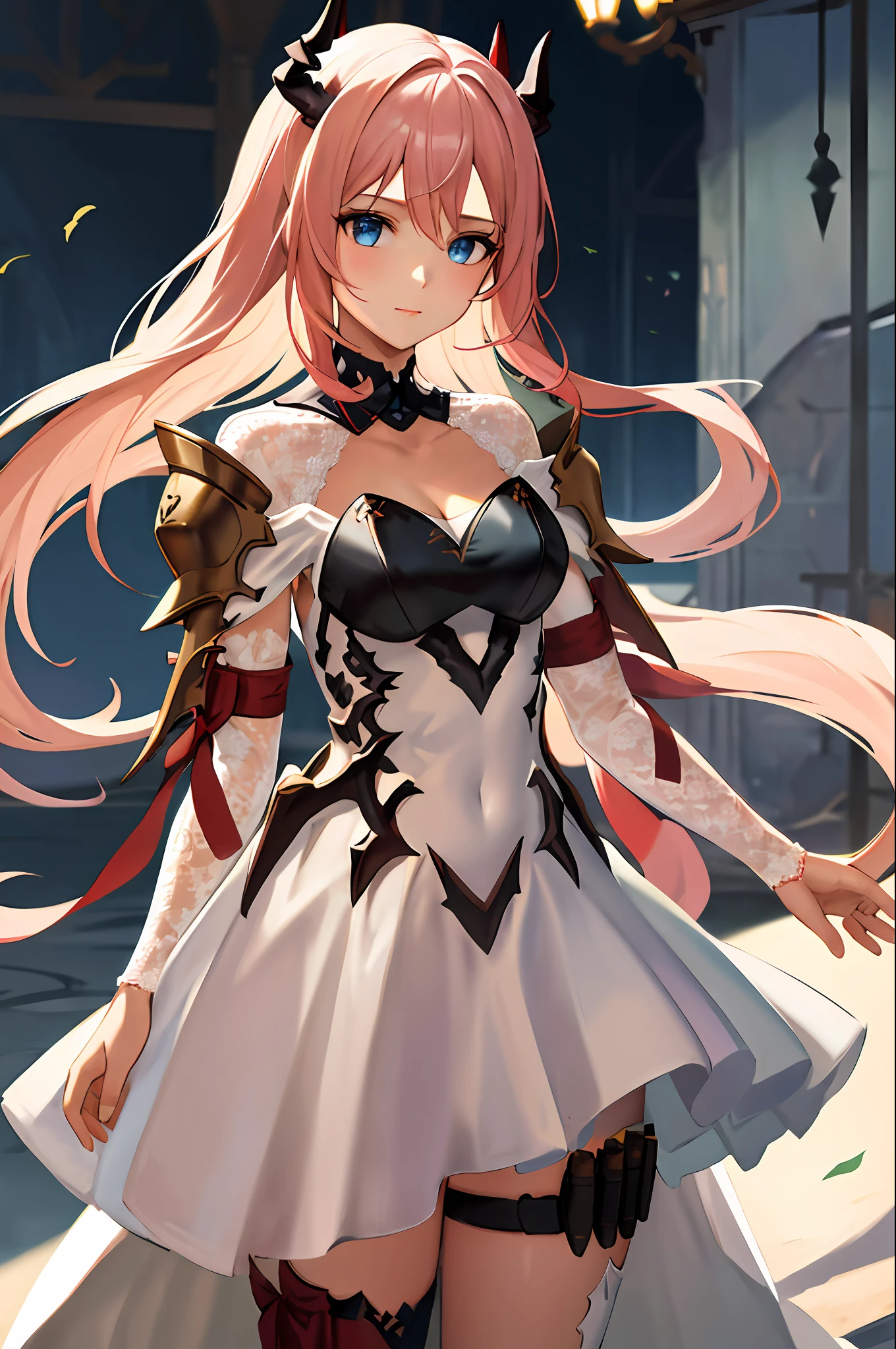 masterpiece, best quality, highres, 1girl, horns,theresahead,cowboyshot,white dress solo, shoulder armor, dress, very long hair, thigh strap, white dress, cleavage, pauldrons, white thighhighs, medium breasts, bangs, detached sleeves, standing, cowboy shot,
