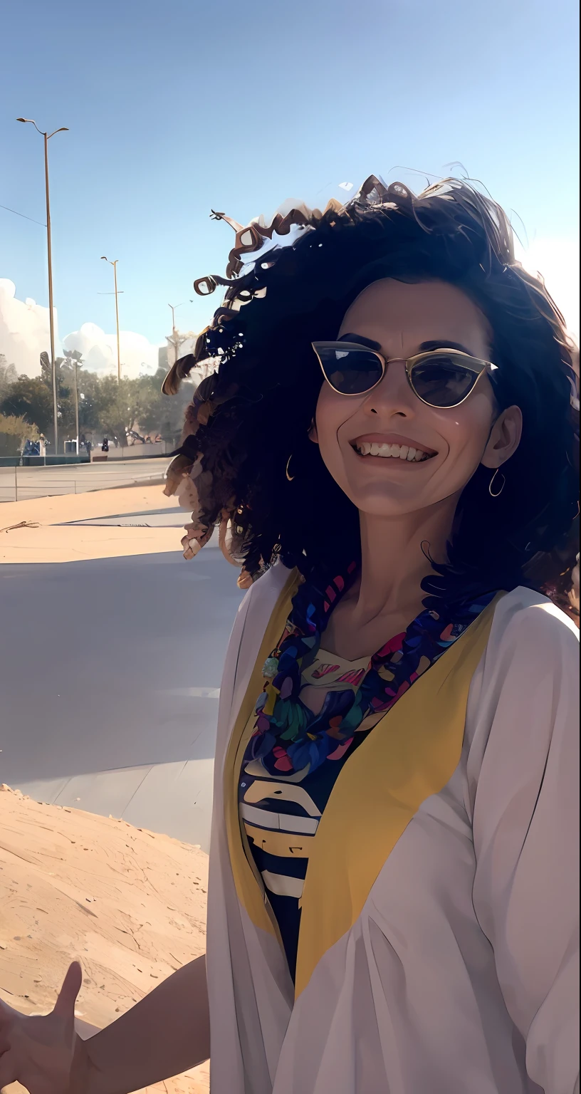 obra maestra, mejor calidad, Still film, Yanet con cabello rizado, hippie en ambiente hygger, hellokid25D, flotando en el cielo, primer plano, brillante, feliz, soft and warm lighting, puesta de sol , Ether Real Mix +LoraYanetV2 0.8