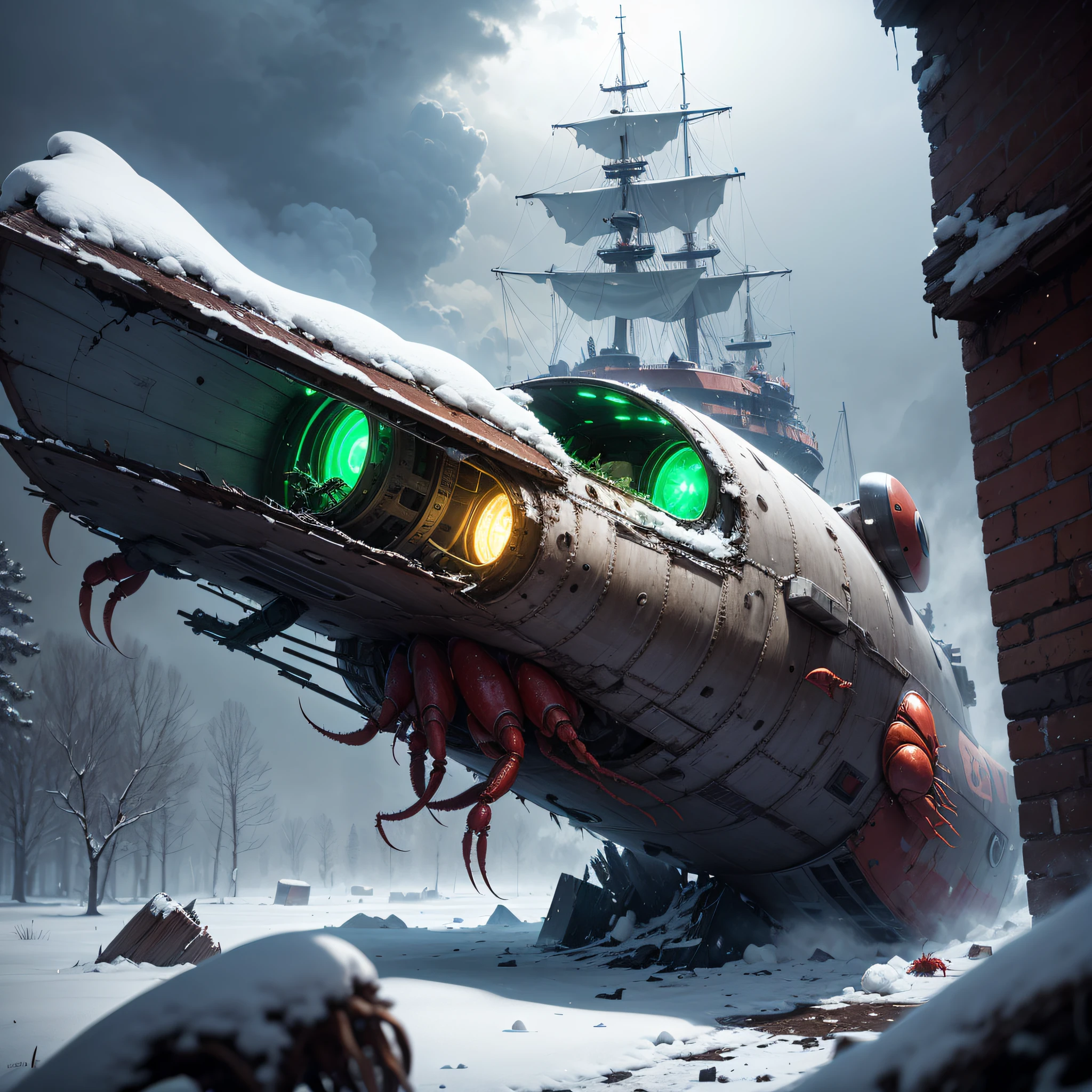 crashed and damaged alien flying ship, with the appearance based on a lobster, with green lights and various malfunctions, metade coberta por neve e detritos --auto