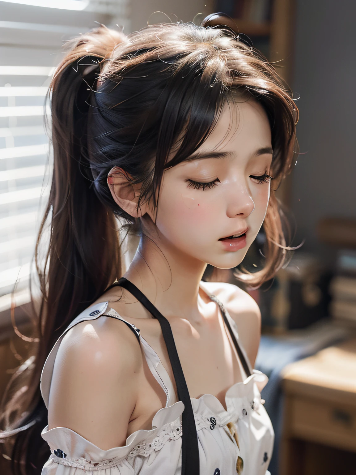 8yk、Raw photo、(masuter piece)、(beste-Qualit)、Hi-Res、(Kizi)、(realisitic、Hphotorealistic:1.2), Upper body、poneyTail、skinny、14years old、small tits、Eyes closed、Deep sadness、Sorrow、look up sky、Open mouth、screeming、a room、Background blur