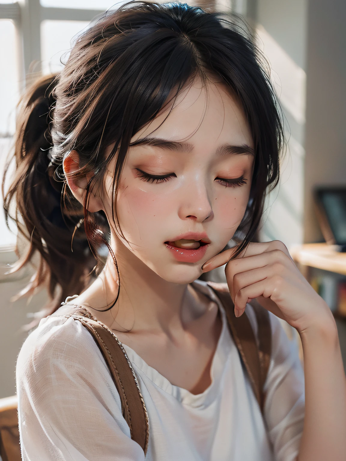 8yk、Raw photo、(masuter piece)、(beste-Qualit)、Hi-Res、(Kizi)、(realisitic、Hphotorealistic:1.2), Upper body、poneyTail、skinny、14years old、small tits、Eyes closed、Deep sadness、Sorrow、look up sky、Open mouth、screeming、a room、Background blur