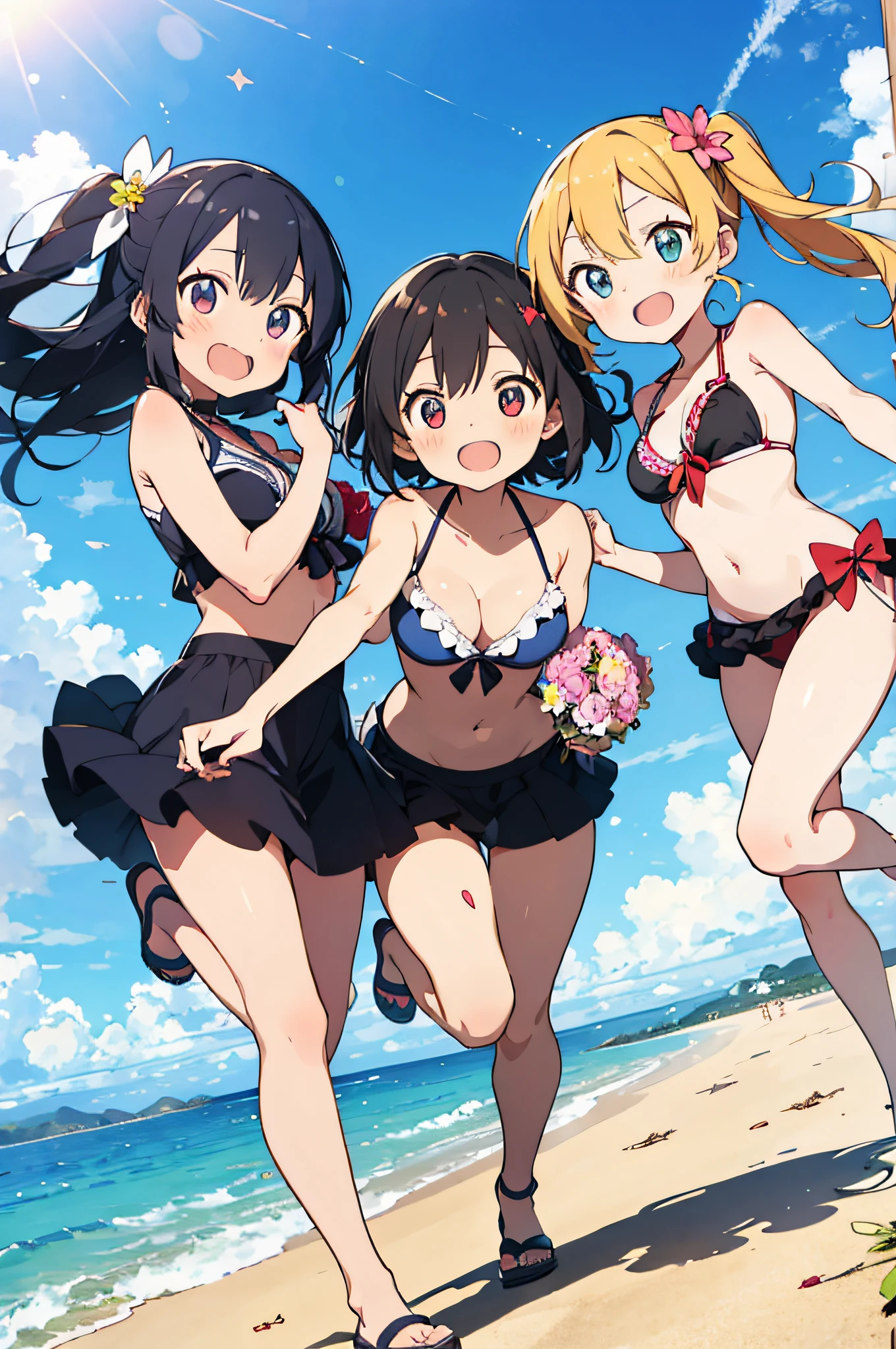 master piace, highest  quality,ultra-detailliert,8K_wall-paper,(beautidful eyes),((cute little)),(Wonderful),(erotick),anime moe art style,Three girls frolicking on a sunny beach,bikini,Smile,Dynamic Pose,Open mouth,Full body,bare-legged,Holding a large bouquet of flowers,Large bouquet