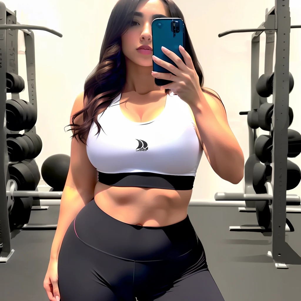 there is a woman taking a selfie in a gym, Foto en forma, Camisa corta y abdominales fuertes, 2 4  old female model, inspirado por Ion Andreescu, Thicc, Traje ajustado, Recorte de medio cuerpo, Camisa ajustada, Chica en forma, Llevar un sexy top recortado, sujetador deportivo y camisa, Hacer ejercicio, physical : tinyest midriff ever