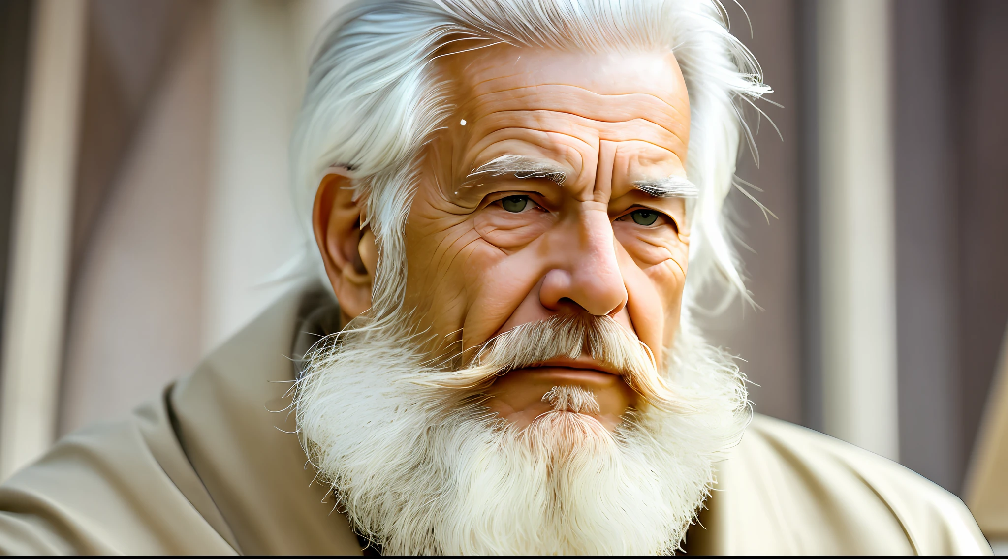 An elder with a beard and white hair, with a serene face, looking producing, inside a futuristic temple