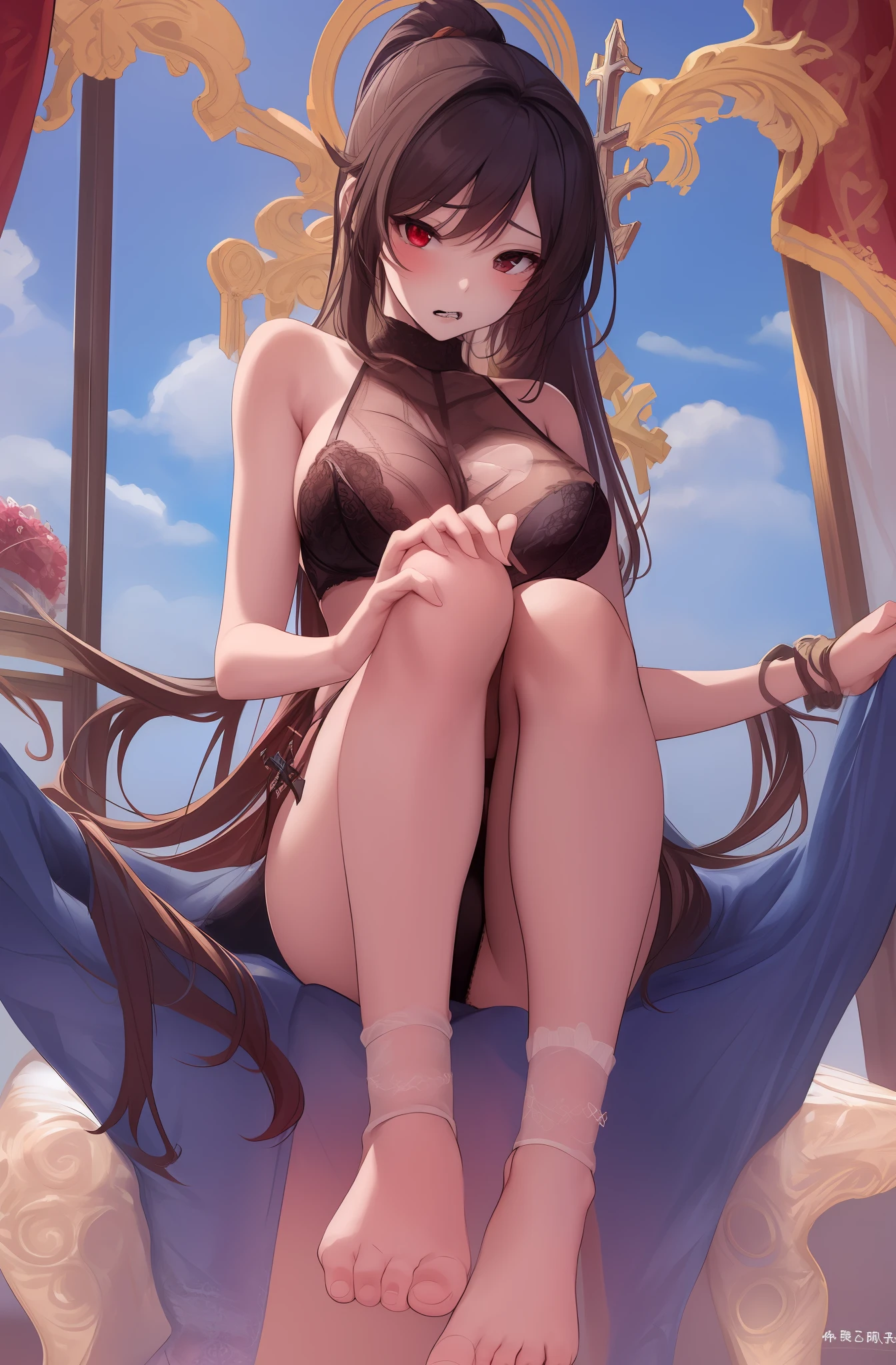 1 y girl,Wear erongerie,Clench your teeth,Be red in the face,Shawl hair,shairband,wetclothes,fishnet stockings,(Sit cross-legged),窗帘,Full body like,Original Drawing