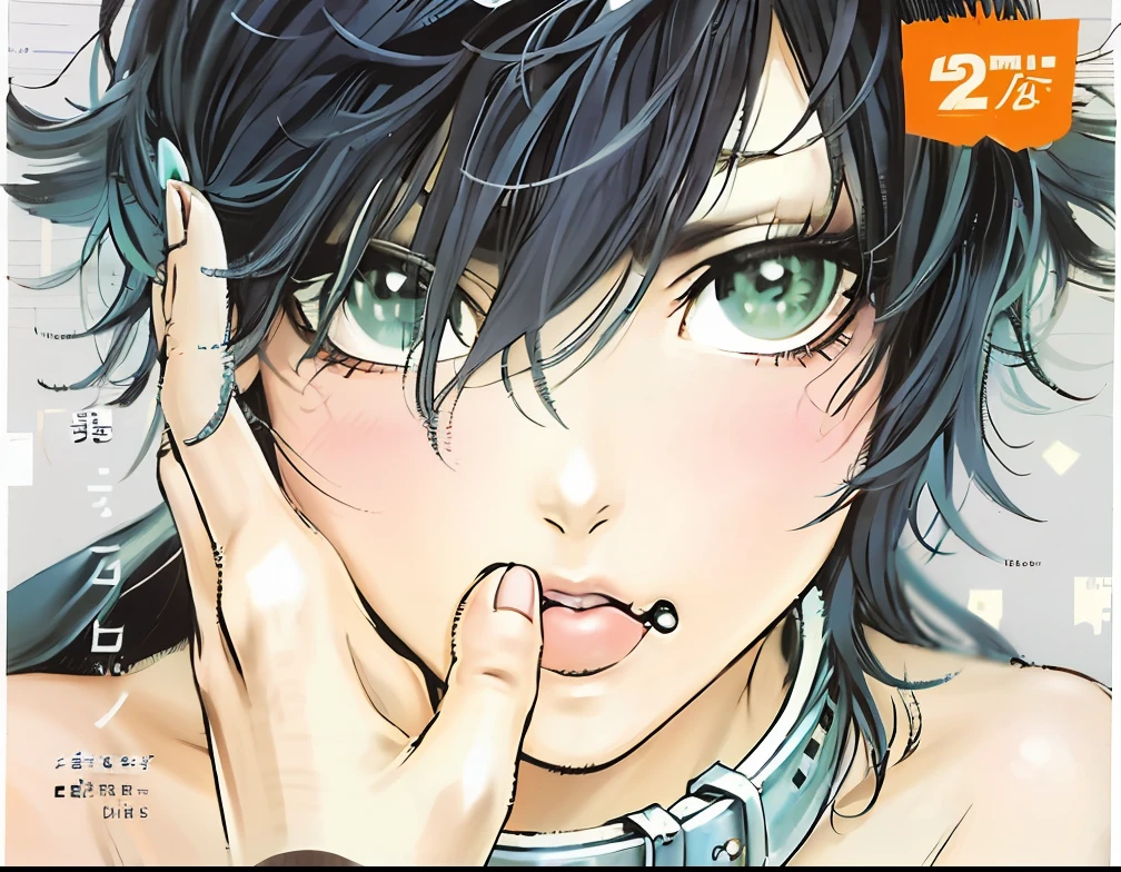 a close up of a person with a green eyes and a collar, full color manga visual style, Full color comic book cover, Floor plan about the《Ishida art manga》, high quality colorful sketch, colored manga art, Detailed key anime art, official artbook, it has a piercing gaze, piercing gaze, tsutomu nihei art, color spread, Comic cover style --auto