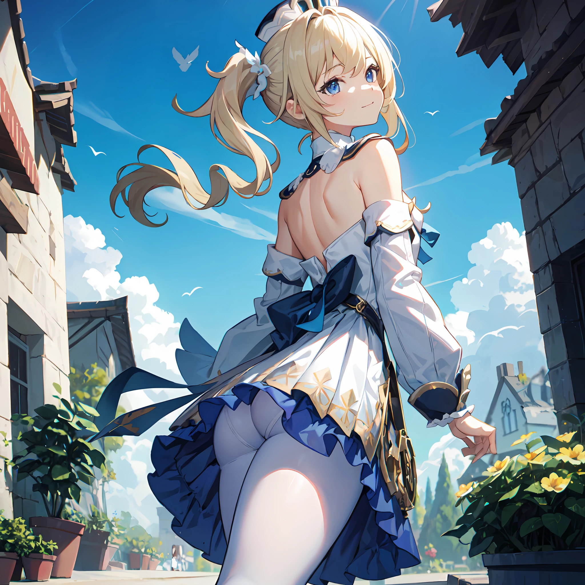 masutepiece, Official art, barbaradef, 4K, 1girl, Solo, bird's eyes view, long hair, up skirt, plein air, (White pantyhose), blush, Shy, smirk, Walking, From below, cute butt, Lori, child, POV, low angle shot, back angle shot, Fantasy, citadel, (((Best Quality))), ((Ultra-detailed)), (Illustration), ((extremely delicate and beautiful))