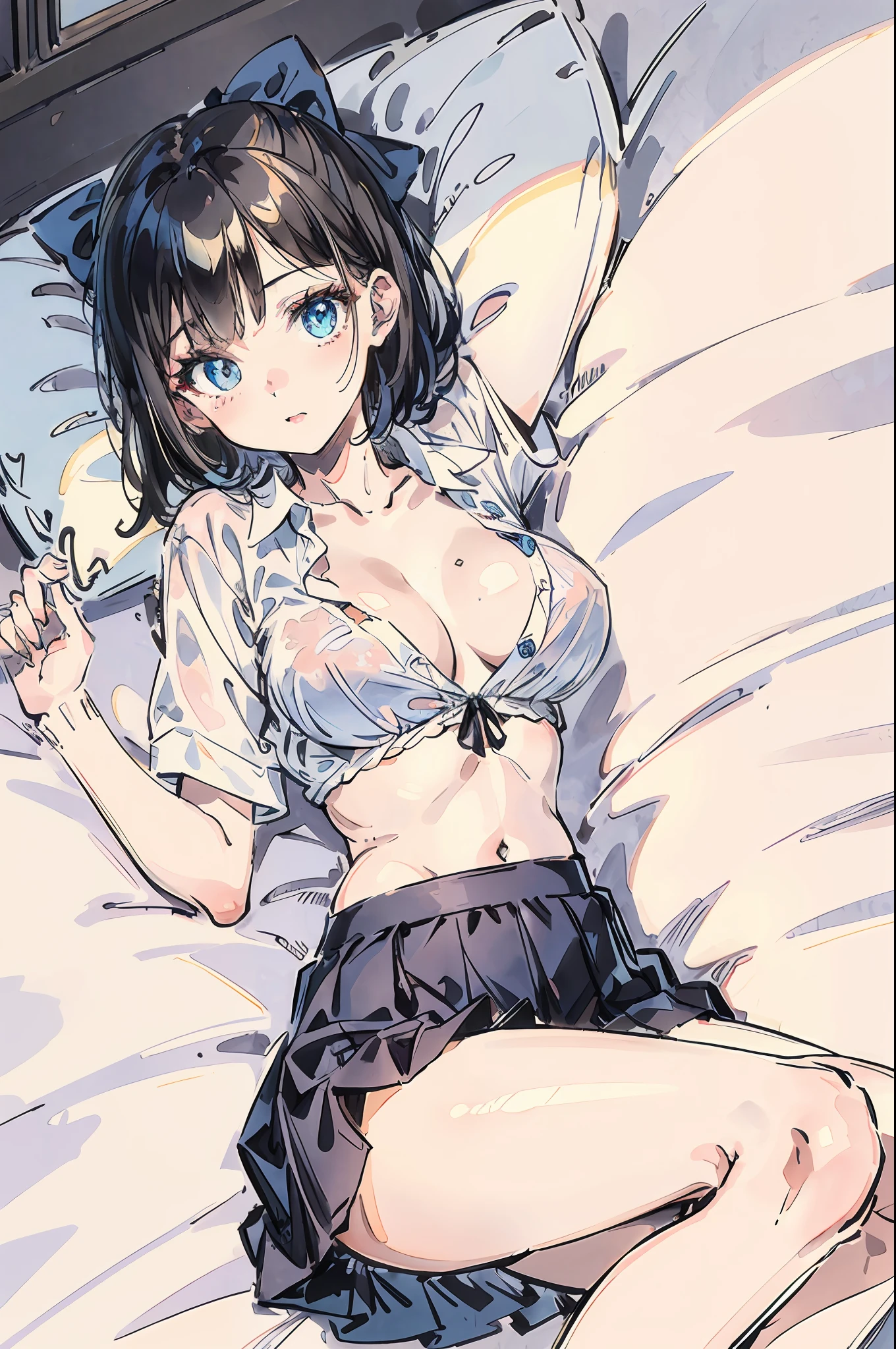 8K, Attractive, intensely detailed, 20 Year Old Girl, sexy and attractive woman with dark, black hair. She has beautiful sky-blue eyes with a heart inside. She is dressed in white, short and unbuttoned shirt. She is wearing a blue miniskirt. And the girl herself is lazily lying on the bed with her back up, because of which her skirt is lifted up and from under the skirt we see sexy, black lace panties with bow. This high-quality, high-definition image will give you a shocking visual experience.