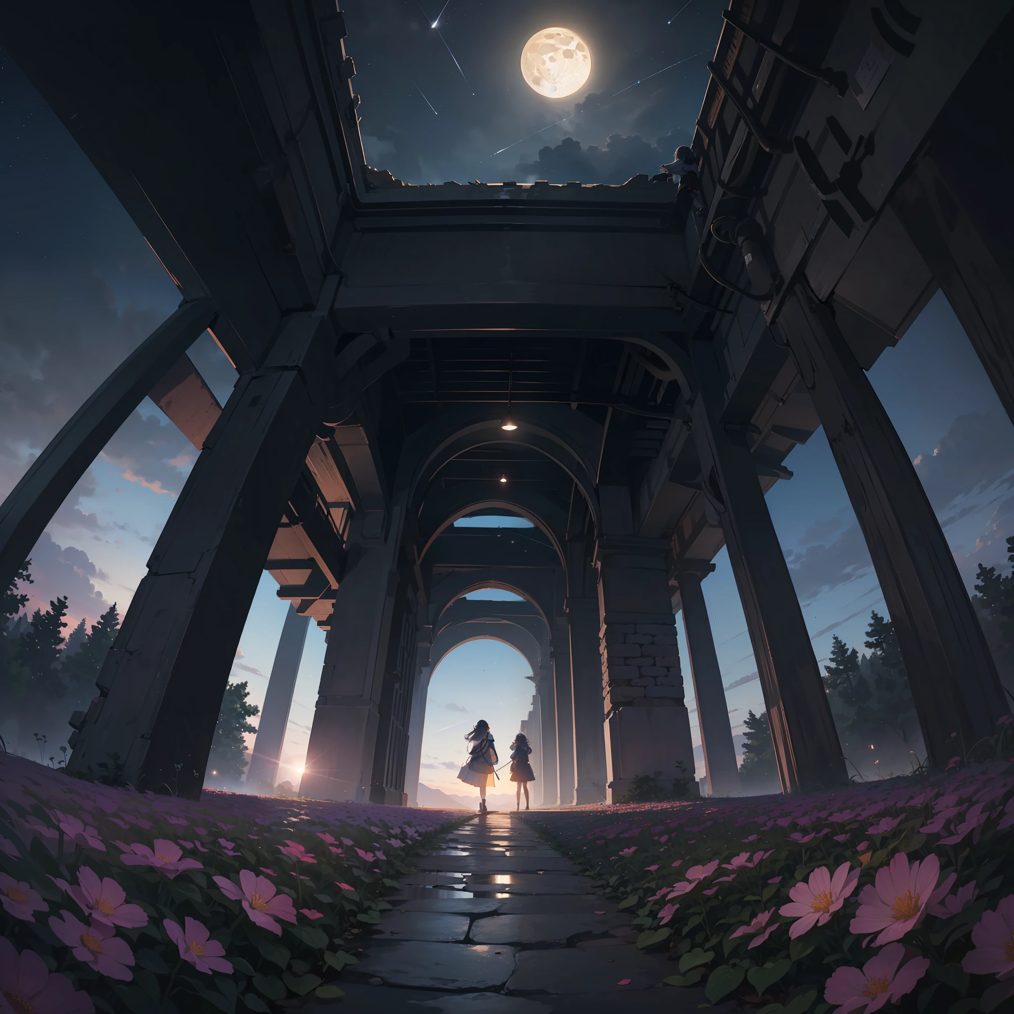 Expansive landscape photograph, (view from below with a view of the sky and wilderness below), standing in a flower field looking up, (full moon: 1.2), (shooting star: 0.9), (nebula: 1.3), distant mountain, tree break production art, (warm light source: 1.2), (firefly: 1.2), lamp, purple and orange, intricate detail, volume lighting, realism break (masterpiece: 1.2) (Best Quality), 4K, Ultra-Detailed, (Dynamic Configuration: 1.4), Highly Detailed and Colorful Details, (Iridescent Colors: 1.2), (Glowing Lighting, Atmospheric Lighting), Dreamy, Magical, (Solo: 1.2)