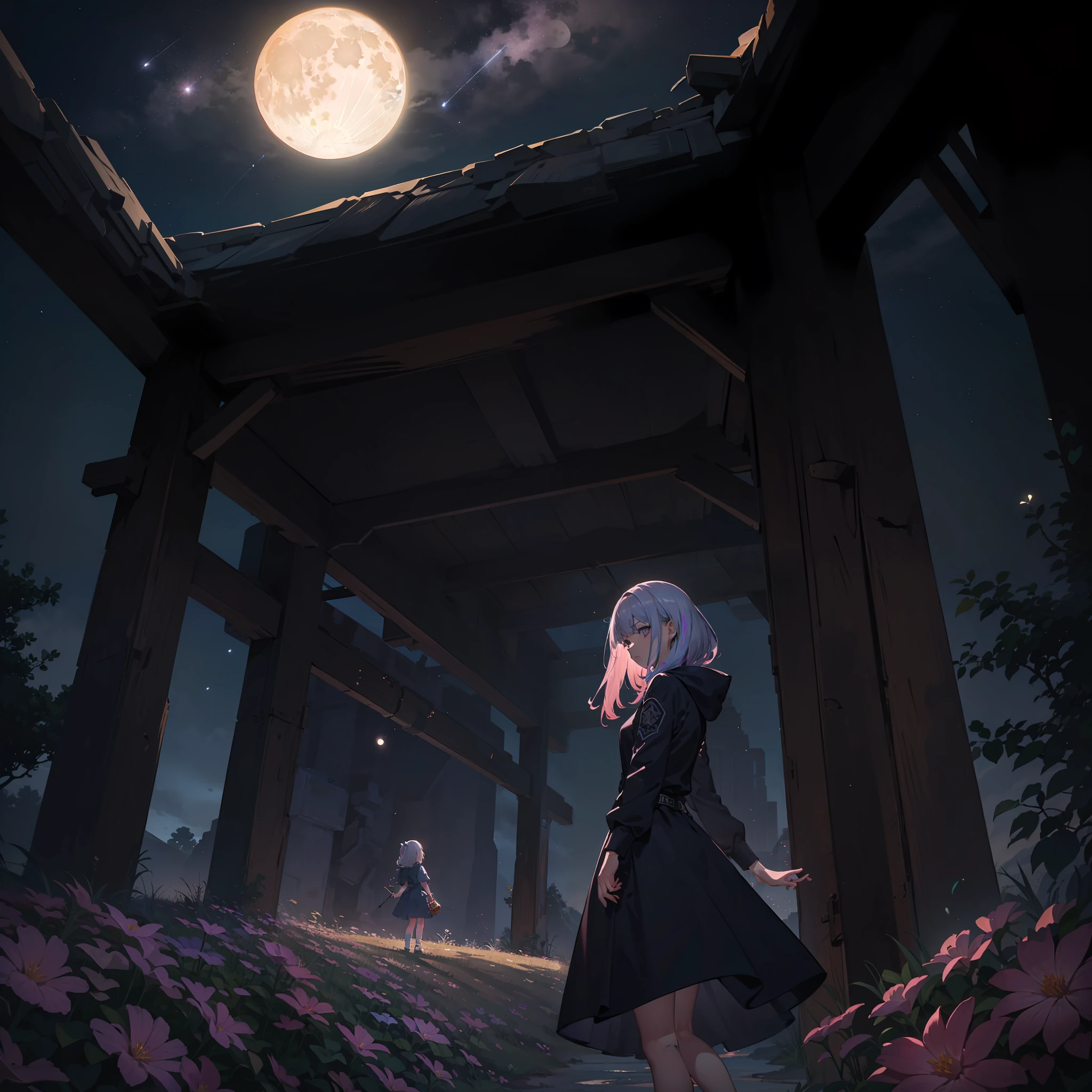 Expansive landscape photograph, (view from below with a view of the sky and wilderness below), little girl standing in a flower field looking up, (full moon: 1.2), (shooting star: 0.9), (nebula: 1.3), distant mountain, tree break production art, (warm light source: 1.2), (firefly: 1.2), lamp, purple and orange, intricate detail, volume lighting, realism break (masterpiece: 1.2) (Best Quality), 4K, Ultra-Detailed, (Dynamic Configuration: 1.4), Highly Detailed and Colorful Details, (Iridescent Colors: 1.2), (Glowing Lighting, Atmospheric Lighting), Dreamy, Magical, (Solo: 1.2)