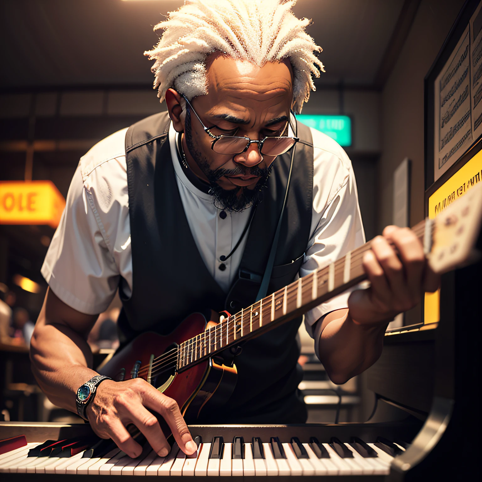 cover music old school black man playing piano neon illustration 8k --auto