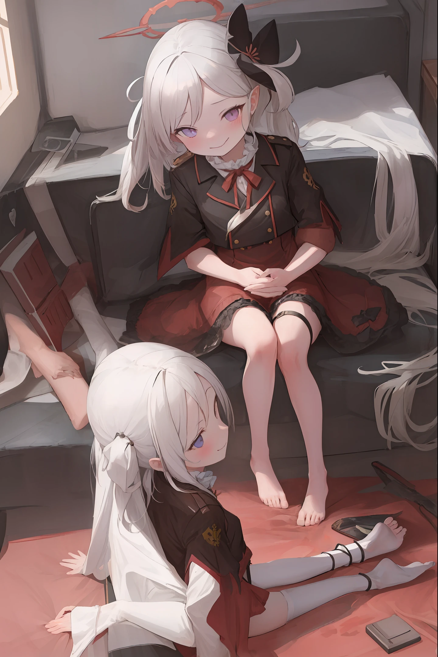 A white silk loli kneeling with bare feet