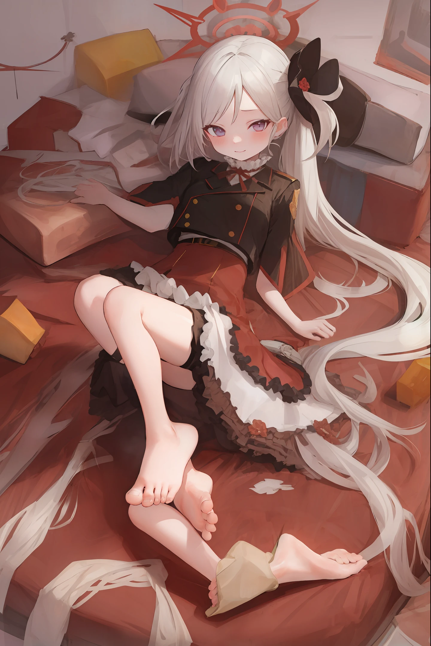 A white silk loli kneeling with bare feet