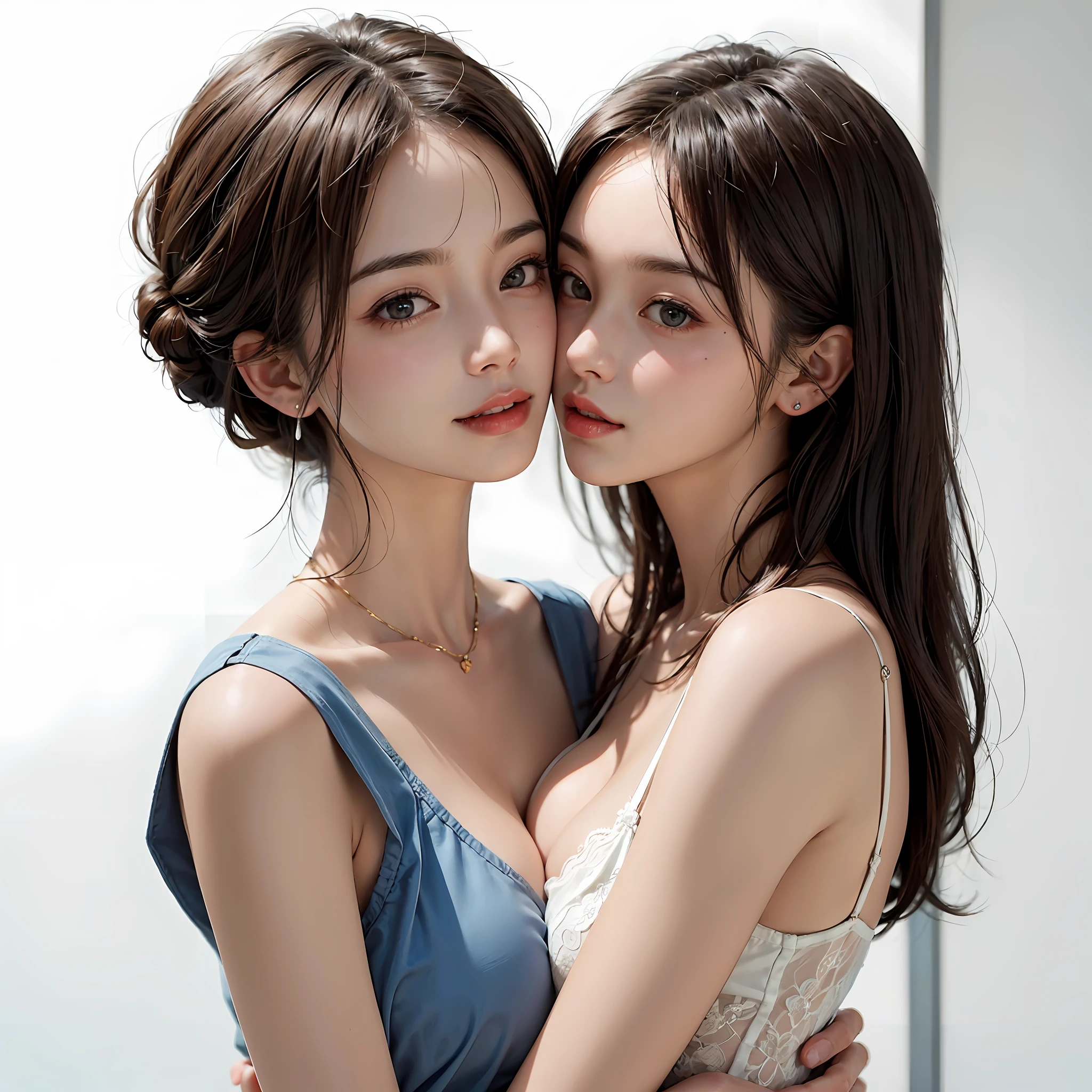 Two people facing each other face to face、Hug each other tightly、puss、Mouth-to-mouth kiss for two people、Two people hugging and kissing、kiss、lilie、Lesbian couple、Lily couple、Two cute pretty girls、masterpiece、highest quality、realisticlying、realisitic、Seductive bright smile、short clean hair with bangs、Loose business shirt、enticing eyes、(cleavage of the breast)、(Pure white background with really nothing from floor to ceiling)、(28 year old)、extremely detaile、tall、neck long、Straighten your back、Put your ears out、Highlights in the eyes、lipgloss、glowy skin、White-colored skin、Clean collarbone、closes mouth、Happily、Nice proportions、lovely、Adorable、Two people kissing