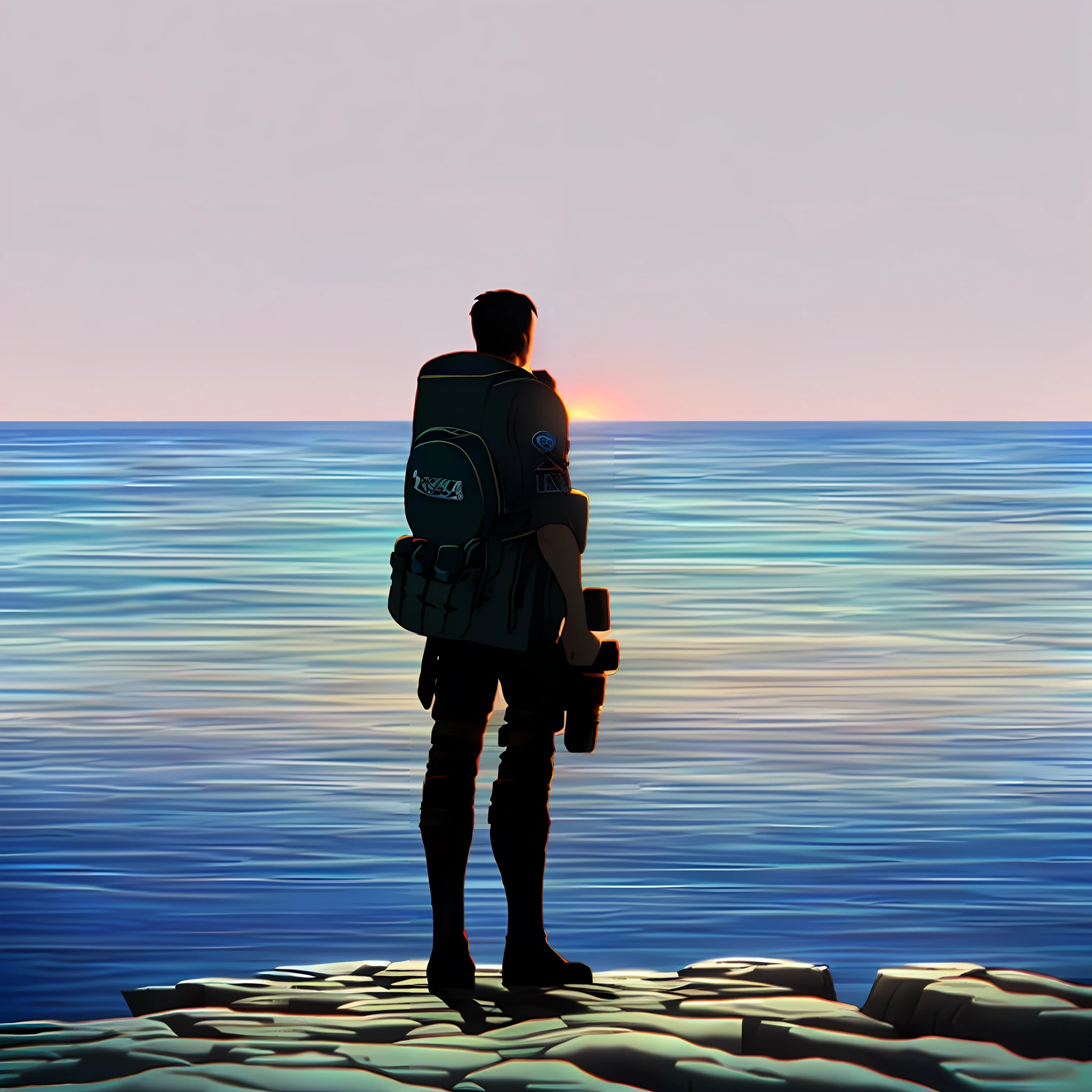 there is a man standing on a rock with a backpack and a camera, standing on the sea side, looking at the ocean, carrying survival gear, looking towards the horizon, looking at the ocean, looking at the ocean, standing on rocky ground, postapocalyptic explorer, cinematic full body shot, standing next to water, looking towards the horizon