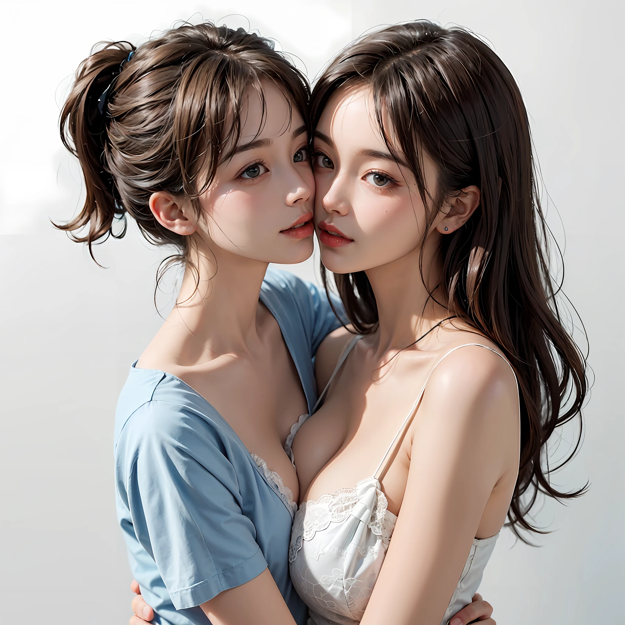 Two people facing each other face to face、Hug each other tightly、puss、Mouth-to-mouth kiss for two people、Two people hugging and kissing、kiss、lilie、Lesbian couple、Lily couple、Two cute pretty girls、​masterpiece、highest  quality、realisticlying、realisitic、Seductive bright smile、short clean hair with bangs、Loose business shirt、enticing eyes、(cleavage of the breast)、(Pure white background with really nothing from floor to ceiling)、(28 year old）、extremely detaile、tall、neck long、Straighten your back、Put your ears out、Highlights in the eyes、lipgloss、glowy skin、White-colored skin、Clean collarbone、closes mouth、Happily、Nice proportions、lovely、Adorable、Two people kissing