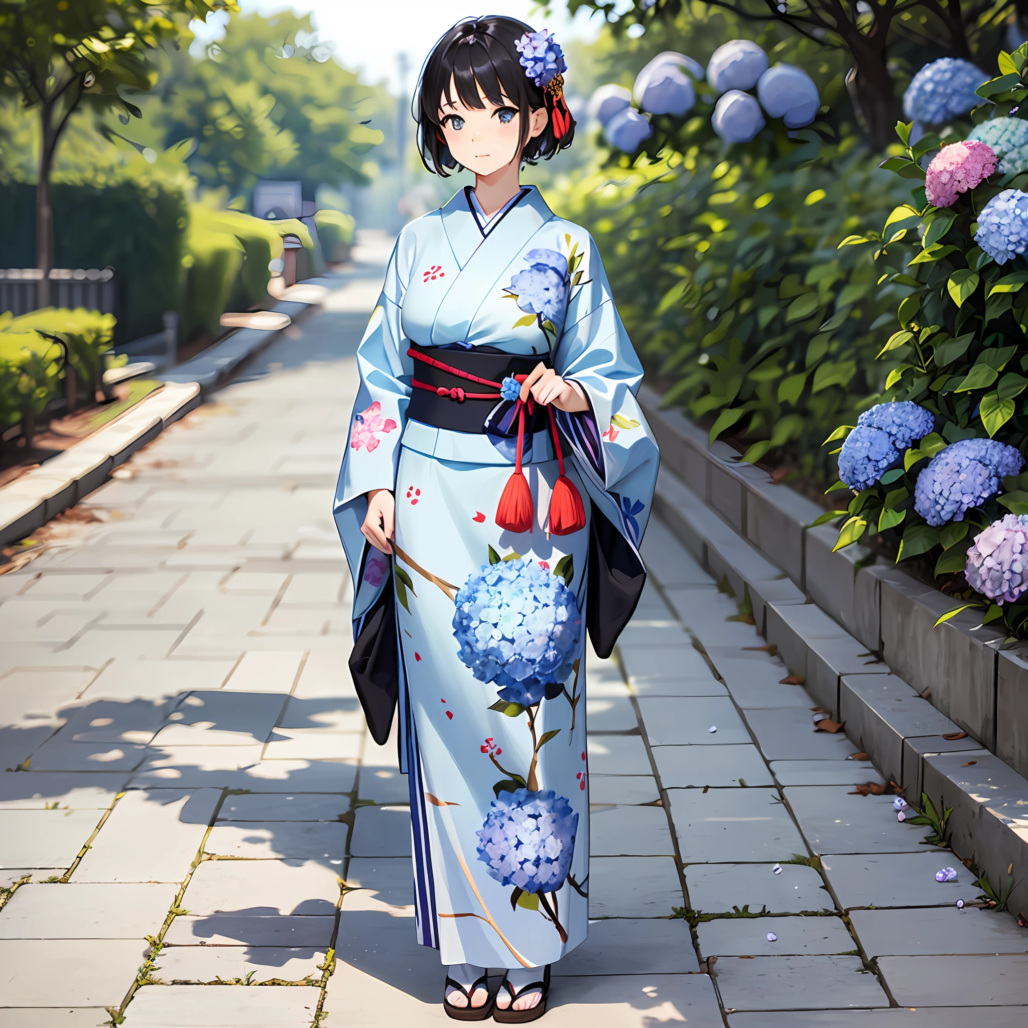 A beautiful girl who exudes a pure and neat atmosphere stands on a plain white background. She wears a yukata and has beautiful hydrangea patterns painted all over her body. She has short cuts and black hair and stands gracefully.wide shot、full body、focus front.