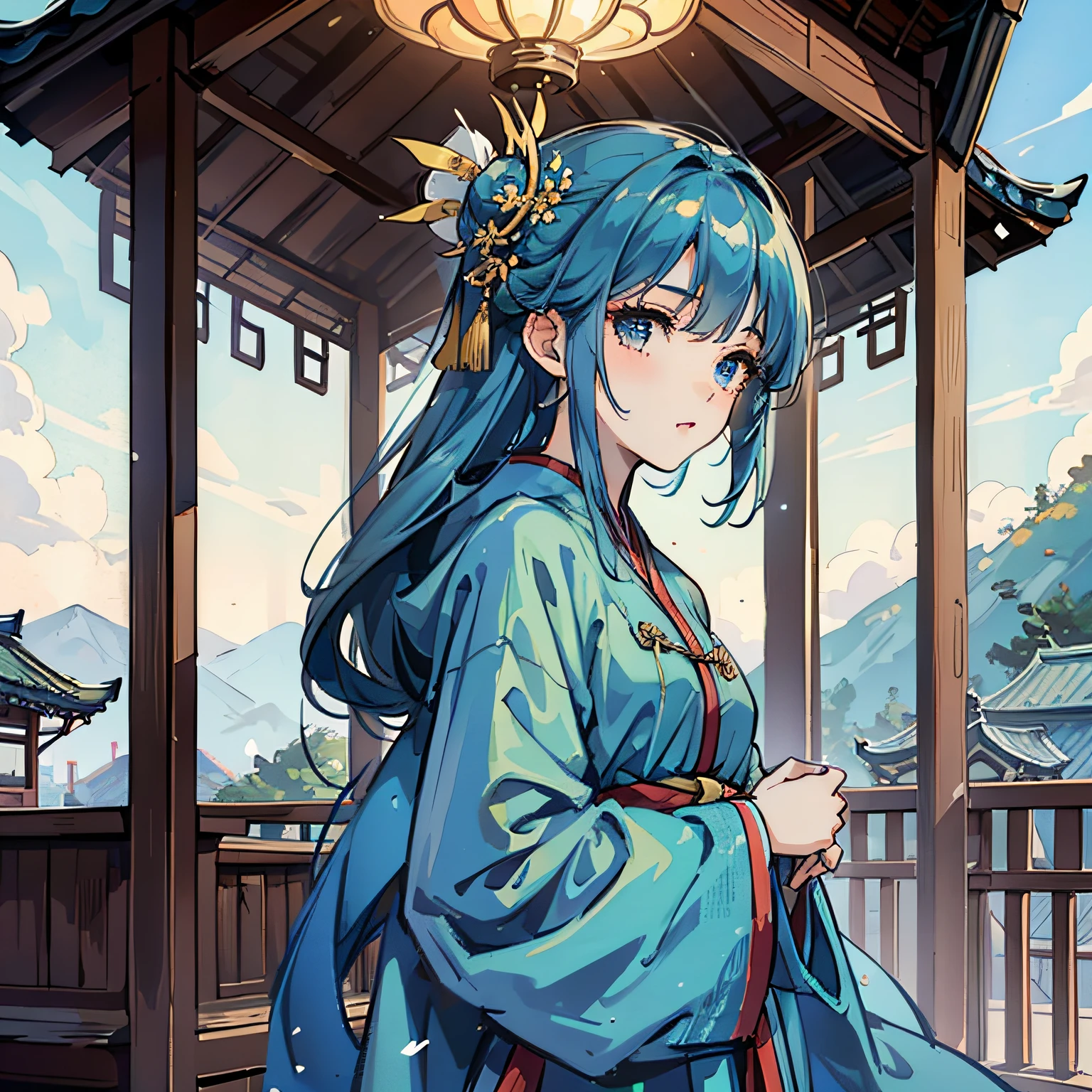 blue hair,Tsing Yi,Hanfu,rnlong hair,Shawl hair,pavilion,Need,Beautuful Women,s girl --auto