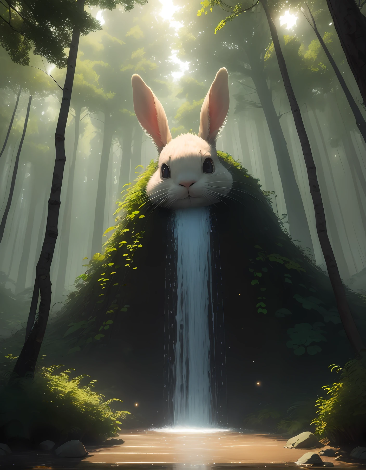 tmasterpiece,Best quality at best,(非常详细的 CG 统一 8k 壁纸),(Best quality at best),(The best illustrations),(The best shadow),glowing sprites,There is a glowing rabbit,Drink water in the pool,Natural elements in the forest theme。Mysterious forest,Beautiful forest,great outdoors,Surrounded by flowers,Delicate leaves and branches are surrounded by fireflies(nature elements),(Jungle theme),(foliage),(tree branch),(glowworm),(particle effect)and other 3D, Octane rendering,Ray traching,Super meticulous