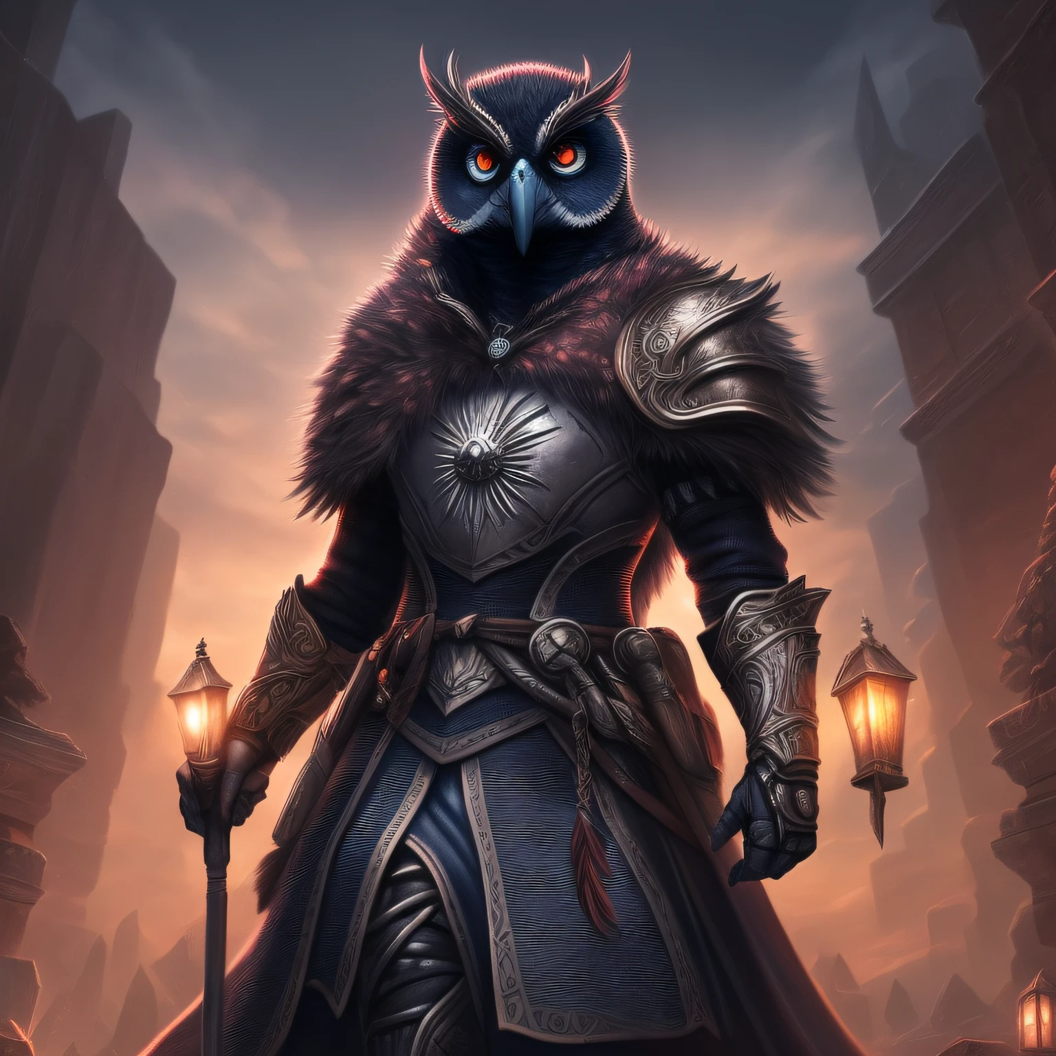 high-quality, detailed CG art, featuring a black Owlin Cleric in a twilight setting. The artwork should showcase intricate details in the character's attire, emphasizing the twilight theme through a subdued color palette and ambient lighting.