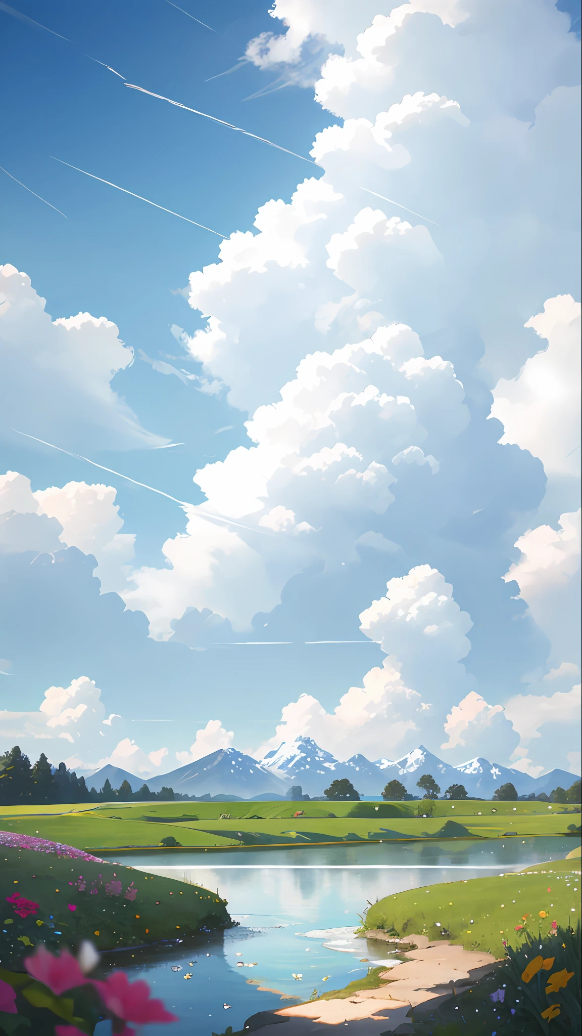 Summer, meadows, a few small flowers, clear lakes, sheep, heaven, large clouds, blue sky, hot weather, HD detail, hyper-detail, cinematic, surrealism, soft light, deep field focus bokeh, distant vistas are snowy mountains, ray tracing, and surrealism. --v6