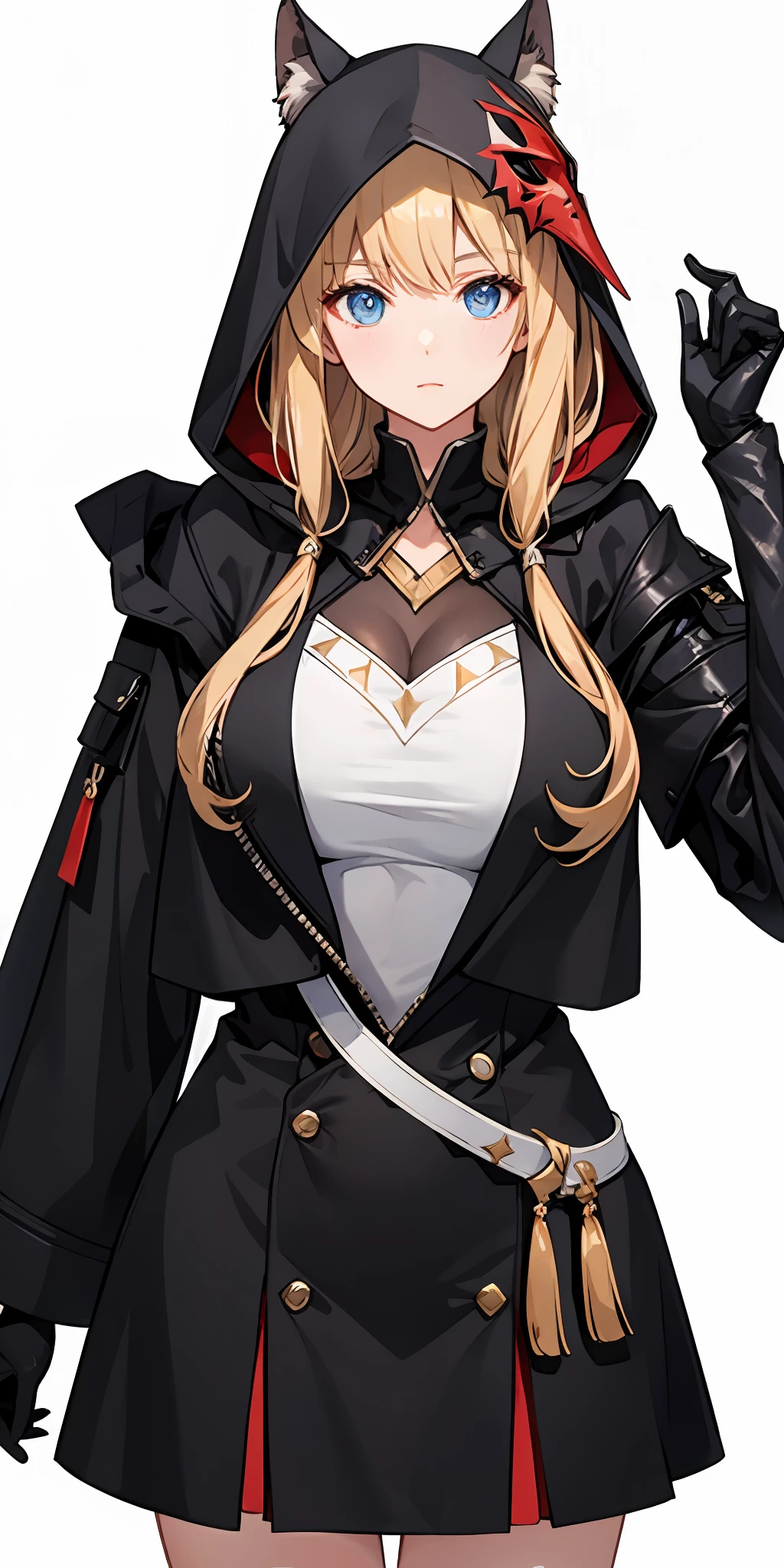 ((The chest is huge)),femele,With a mask,Wear a hooded jacket,white backgrounid,blacksilk