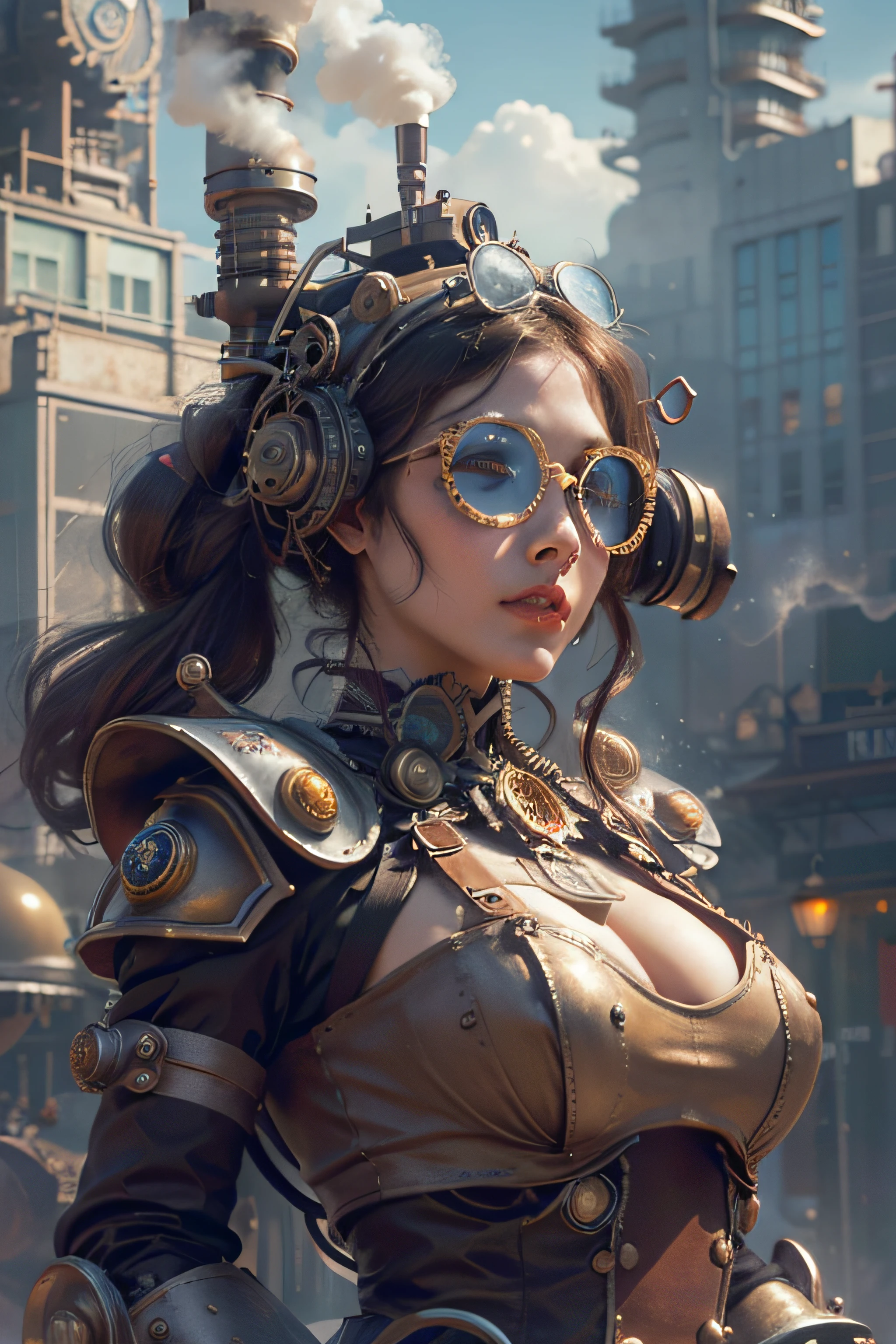 1 beautiful woman soldiers in strong mechanical armor, foto frontal realista, master part,melhor qualidade,fotorrealista,melhor sombra,delicado,...RAW,ultra high-resolution,Arte hiper-realista,gallery-grade work,Arte Oficial,wallpaper forced,64 mil,,ultra precise,visualmente impressionante,Obra-prima sublime,peak clarity,1 enorme cidade Steampunk,High-rise buildings covered by behemoth-like mechanical devices,show a scene of sharp contrast,Uma camada de nuvens subindo desordenadamente sobre a cidade,Huge steampunk buildings,The surface is covered with complex gears and mechanical devices,(eyesight,full view,corpo inteiro:1.2),(Nas paredes da cidade Steampunk ,Handheld Steam Gun,Guard the safety of the city:1.2),Steampunk,dirigible, Steam robot,