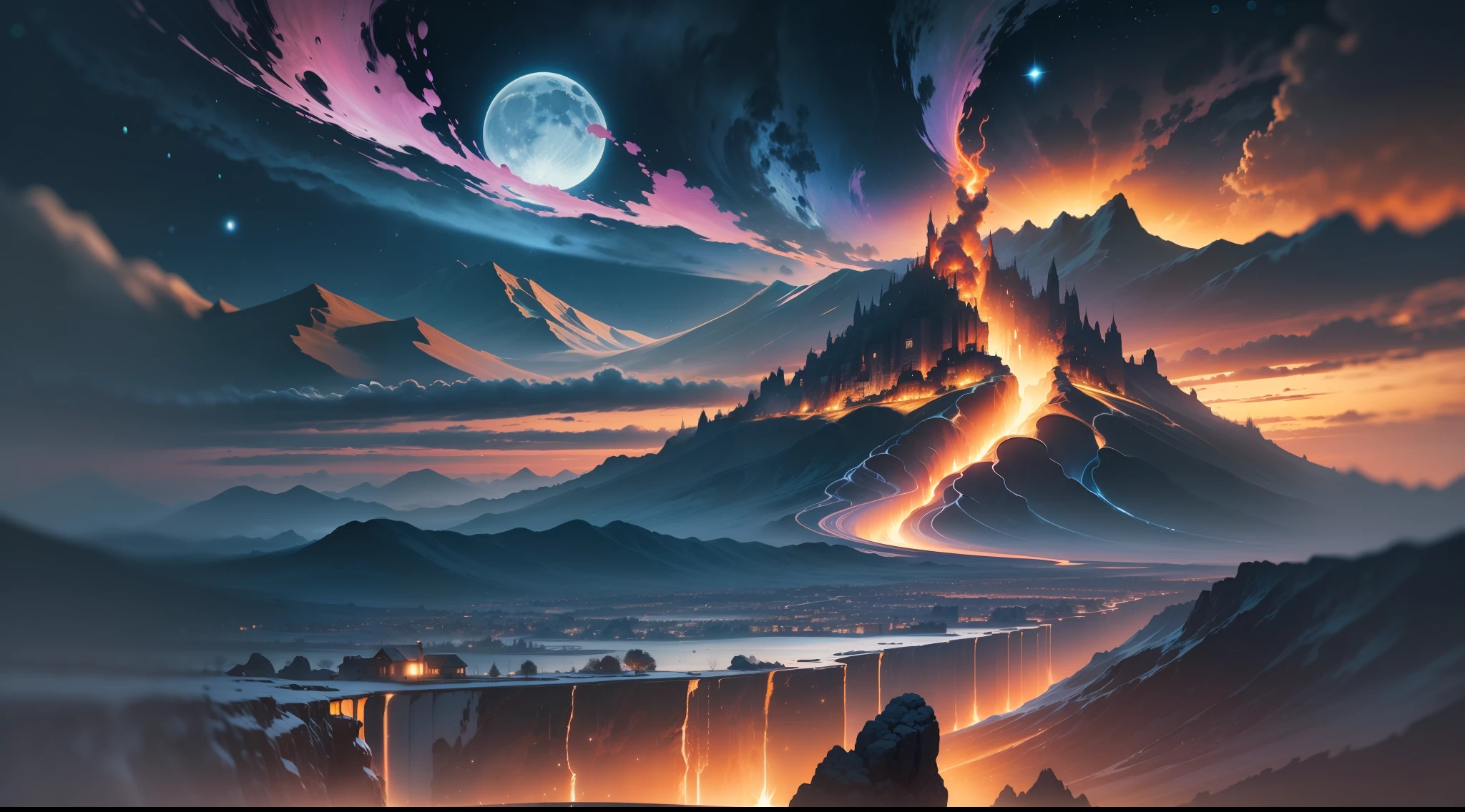 (magicle world, landscape, misteryous, , surrealism, masterpiece),(lava),magicle, crisp,,stars, cosmos, high details, artistic, contrast,shadows, gorgeous, old, cinematic, high details, BREAK  velocity, moon on sky,  gorgeous,, perfect, depth, windy, happy, freedom, magicle, impossible, traced lights, wallpaper