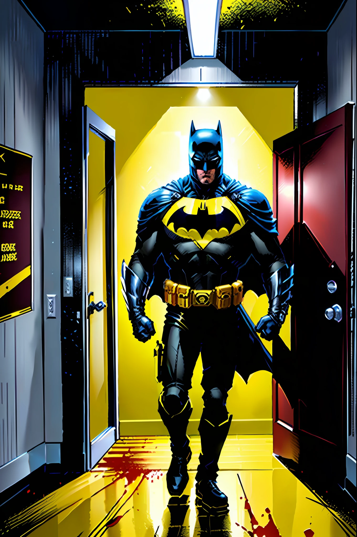 BATMAN INVESTIGA A CENA DO CRIME + uniforme em cinza e preto + Capa preta + Black and embossed symbol + A lot of blood on the floor and on the walls + police scene of a murder with yellow stripes of forensic police closing the entrance to the door + bem detalhado, ultra resolution, Cartoon, estilo Jim Lee,64k, --ar 2:3